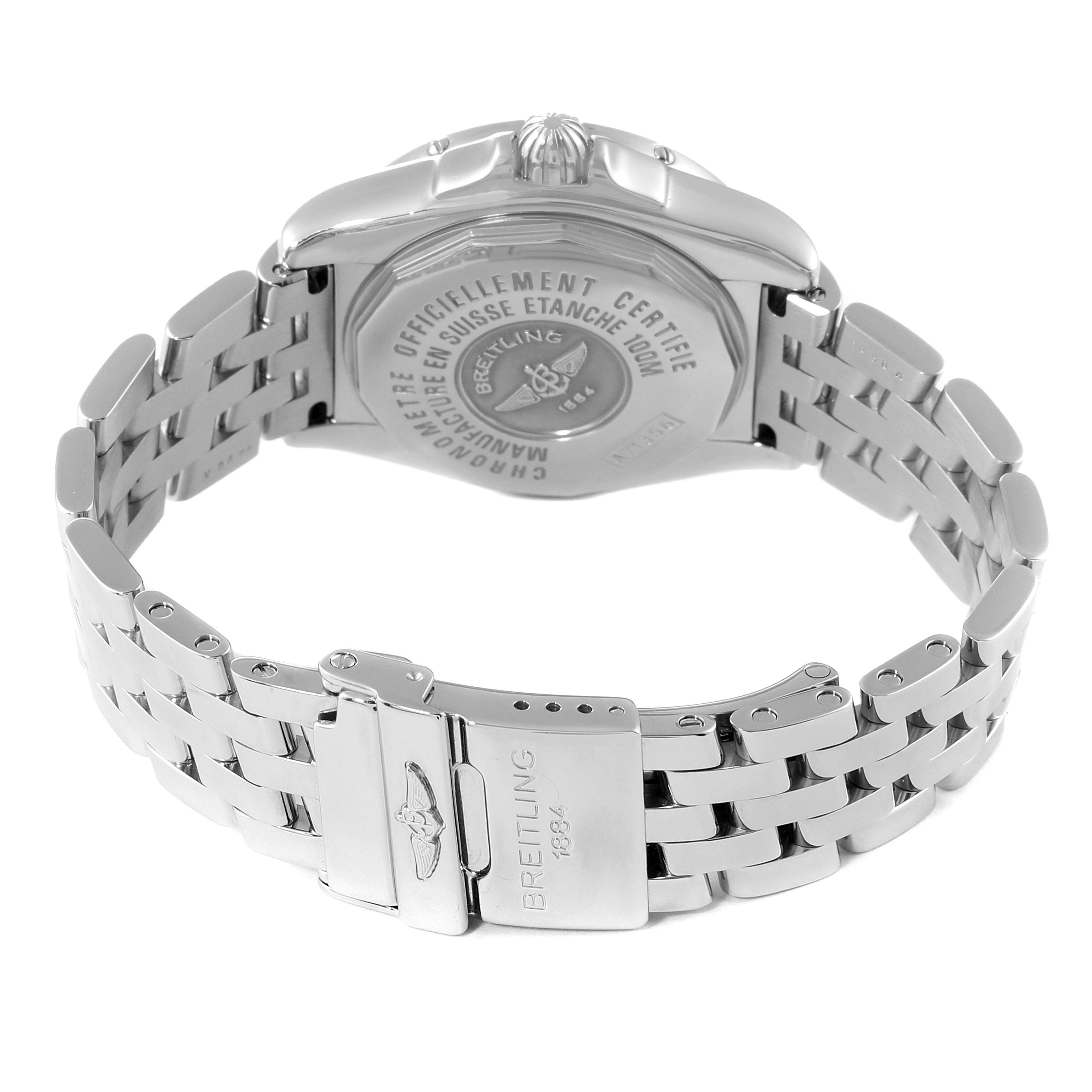 This image shows the rear view of the Breitling A17356 Women's Stainless Steel Burgundy Dial A17356 Women's Stainless Steel Burgundy Dial Cockpit Chronometer A17356, highlighting the watch case and metal bracelet.