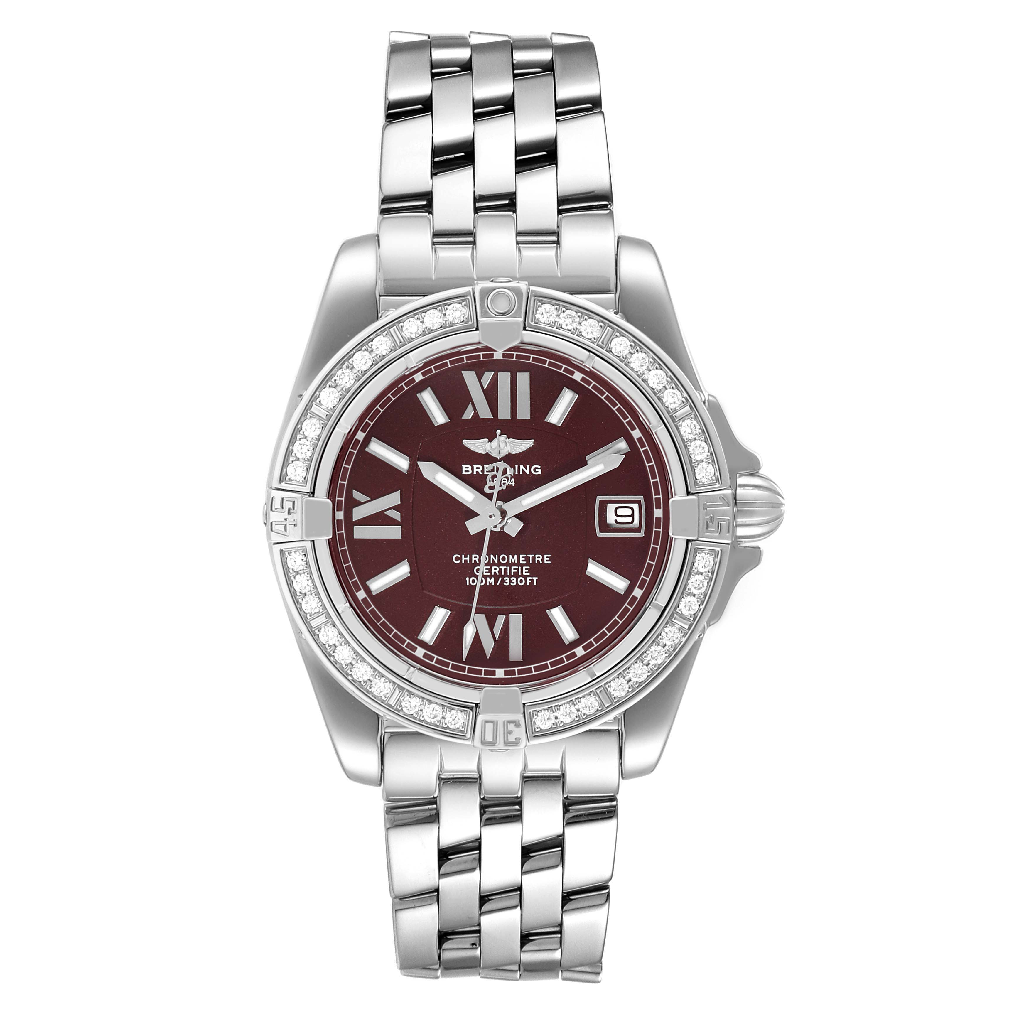 This image shows a frontal view of the Breitling A17356 Women's Stainless Steel Burgundy Dial A17356 Women's Stainless Steel Burgundy Dial Cockpit Chronometer Burgundy Dial Diamond Ladies Watch (model A17356).