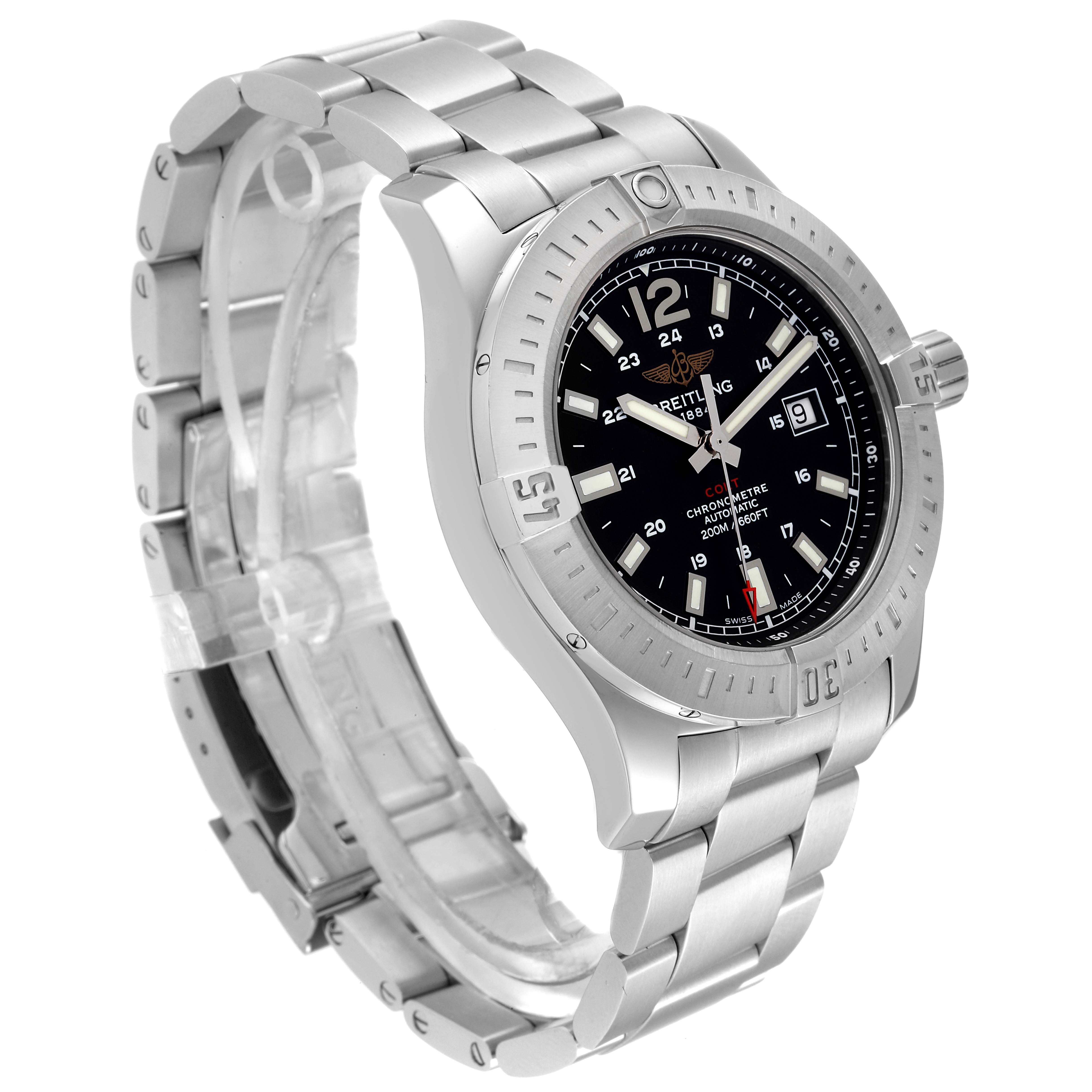 The Breitling Colt A17388 Men's Stainless Steel Black Dial A17388 Men's Stainless Steel Black Dial watch is shown at a 3/4 angle, displaying its face, bezel, and stainless steel bracelet.