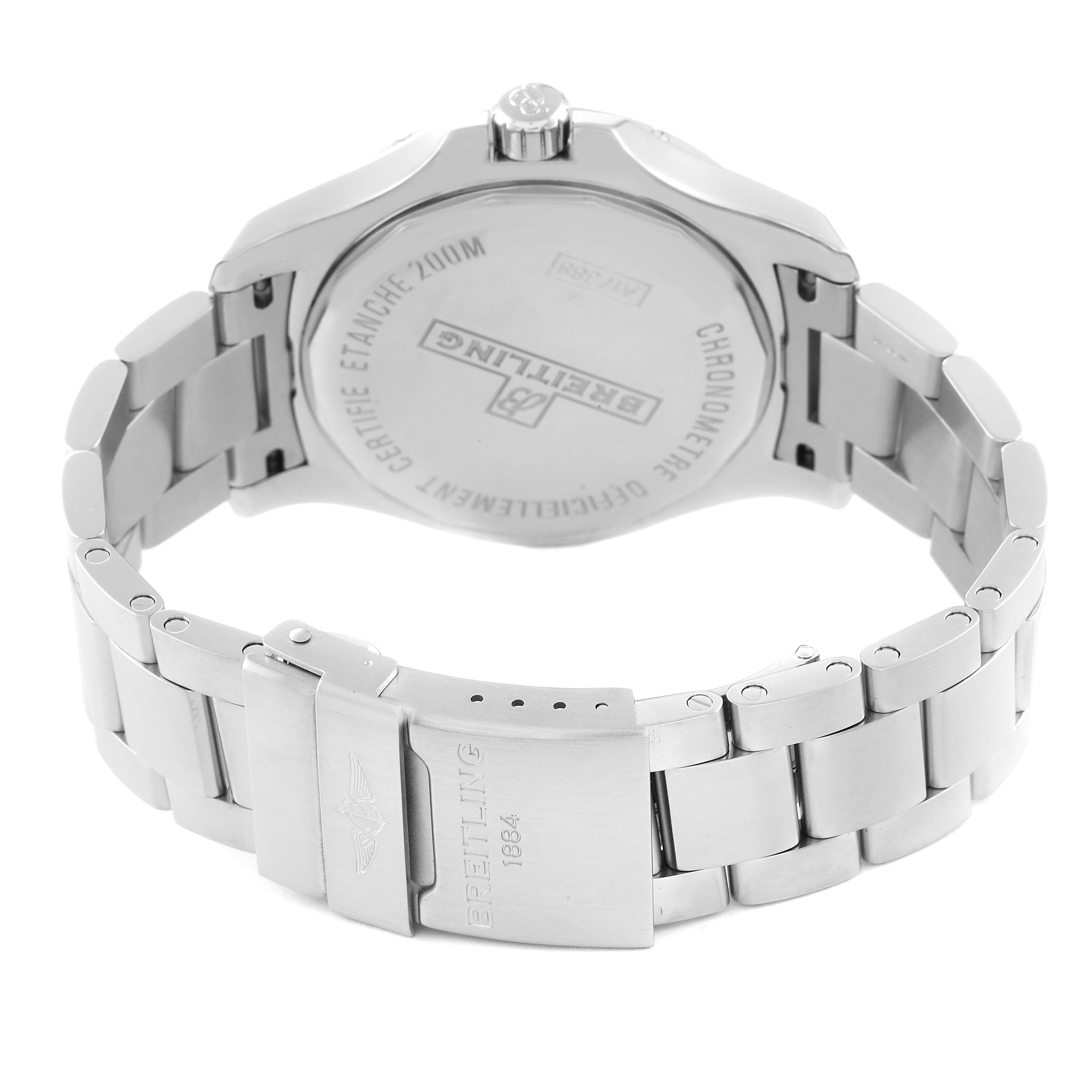 This image shows the back and bracelet clasp of a Breitling Colt A17388 Men's Stainless Steel Black Dial A17388 Men's Stainless Steel Black Dial watch.