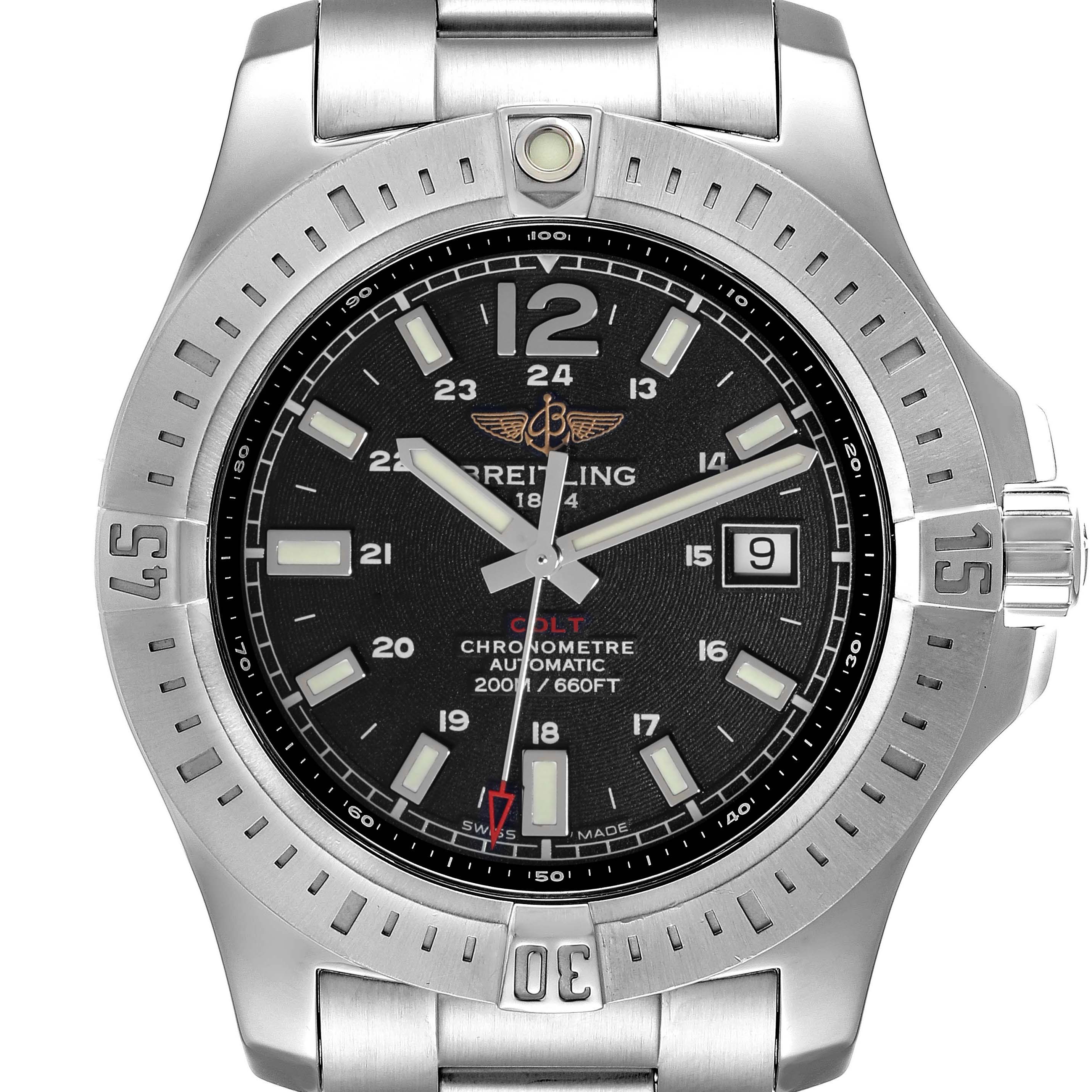 This image shows a front view of the Breitling Colt A17388 Men's Stainless Steel Black Dial A17388 Men's Stainless Steel Black Dial watch, highlighting the dial, bezel, and part of the metal bracelet.