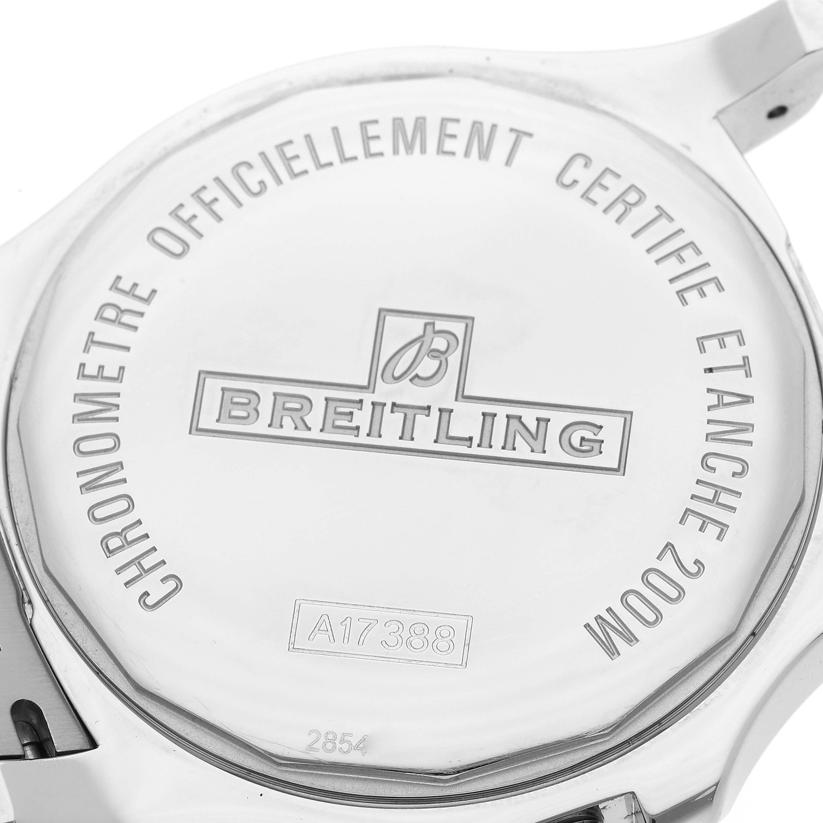 This image shows the back case of a Breitling Colt A17388 Men's Stainless Steel Black Dial A17388 Men's Stainless Steel Black Dial watch, displaying the brand name, model number, and water resistance.