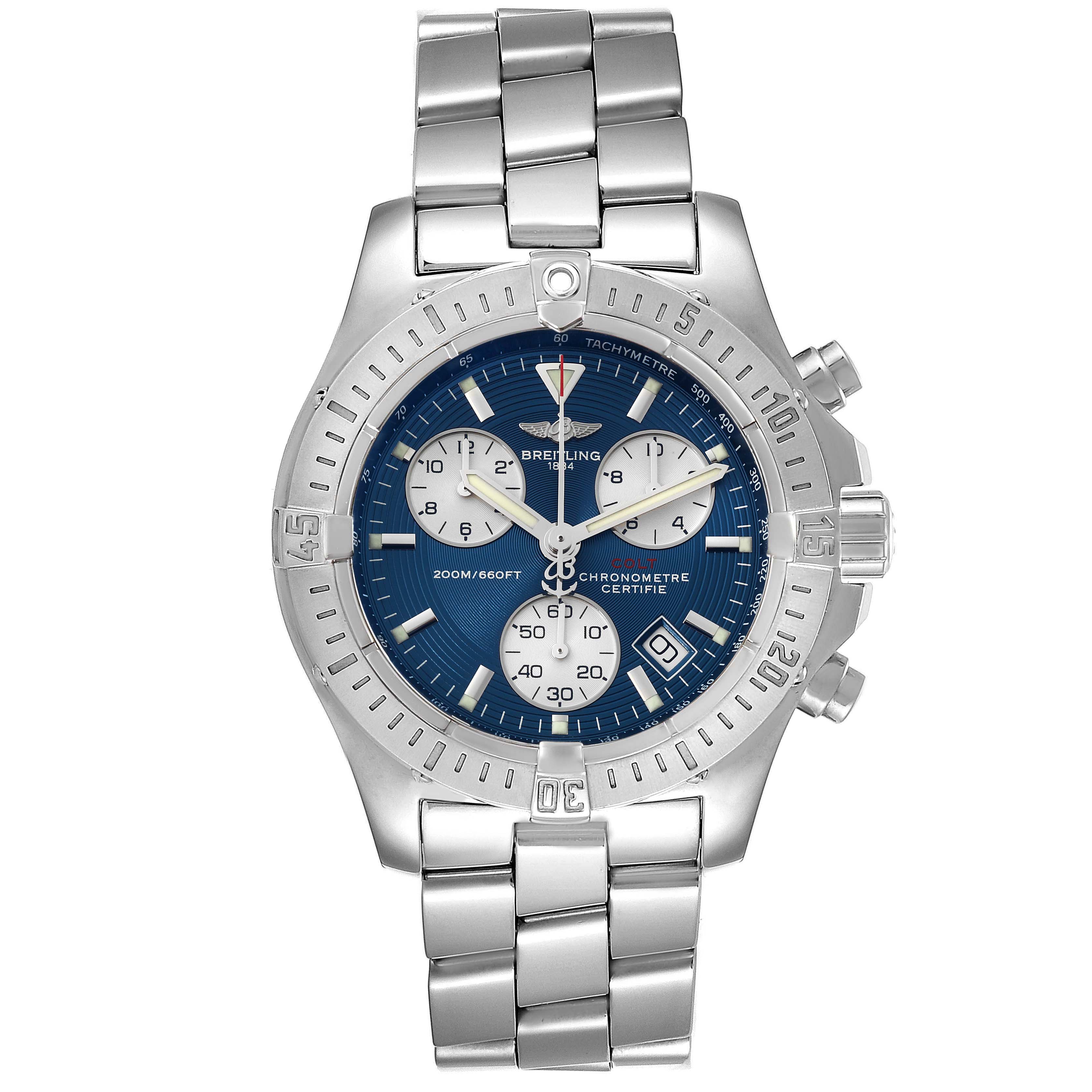 The Breitling Colt A73380 Men's Stainless Steel Blue Dial A73380 Men's Stainless Steel Blue Dial model watch is shown from a front angle, displaying the face, bezel, dials, and metal bracelet.