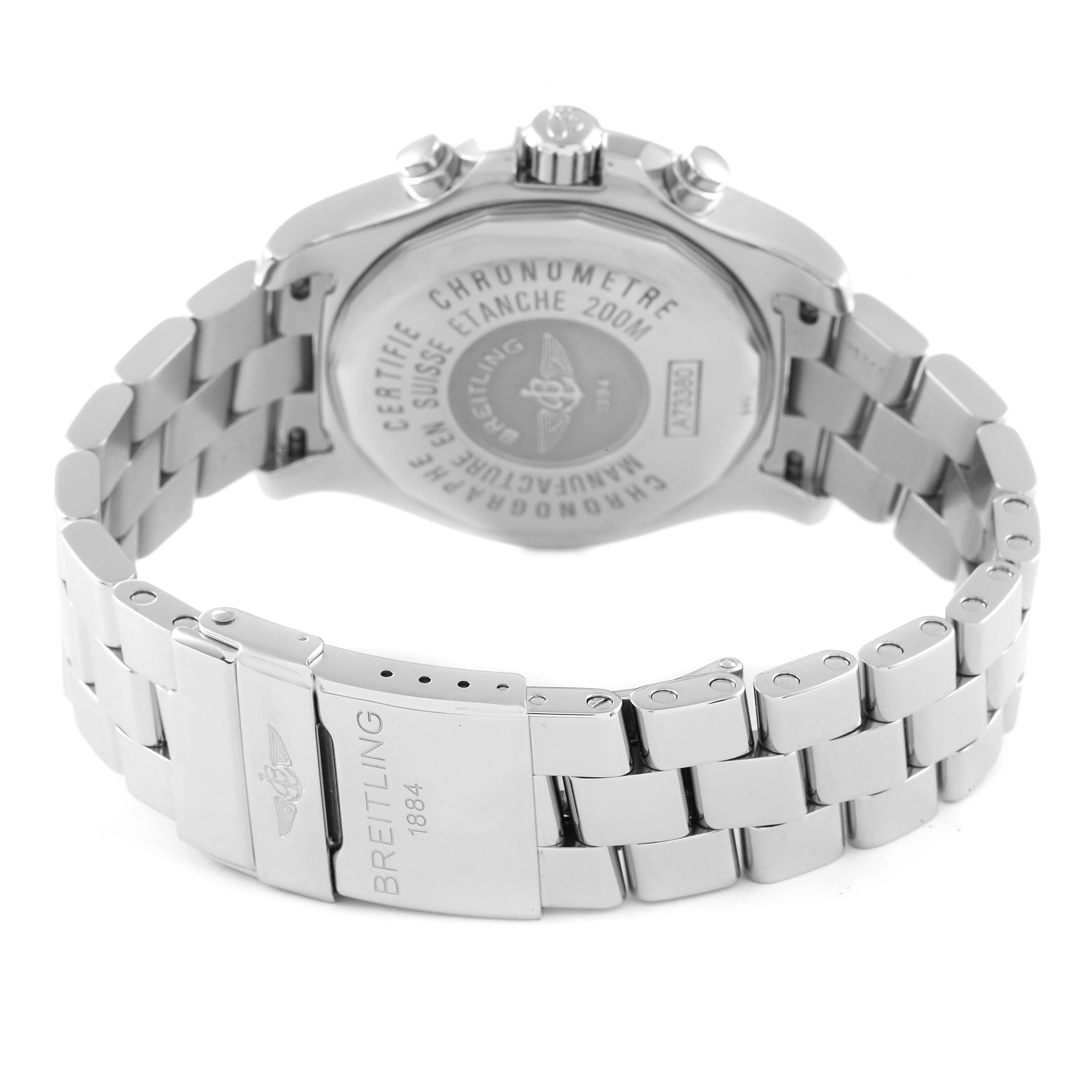 The image shows the back case and bracelet of a Breitling Colt A73380 Men's Stainless Steel Blue Dial A73380 Men's Stainless Steel Blue Dial watch, highlighting the engraved details and clasp.