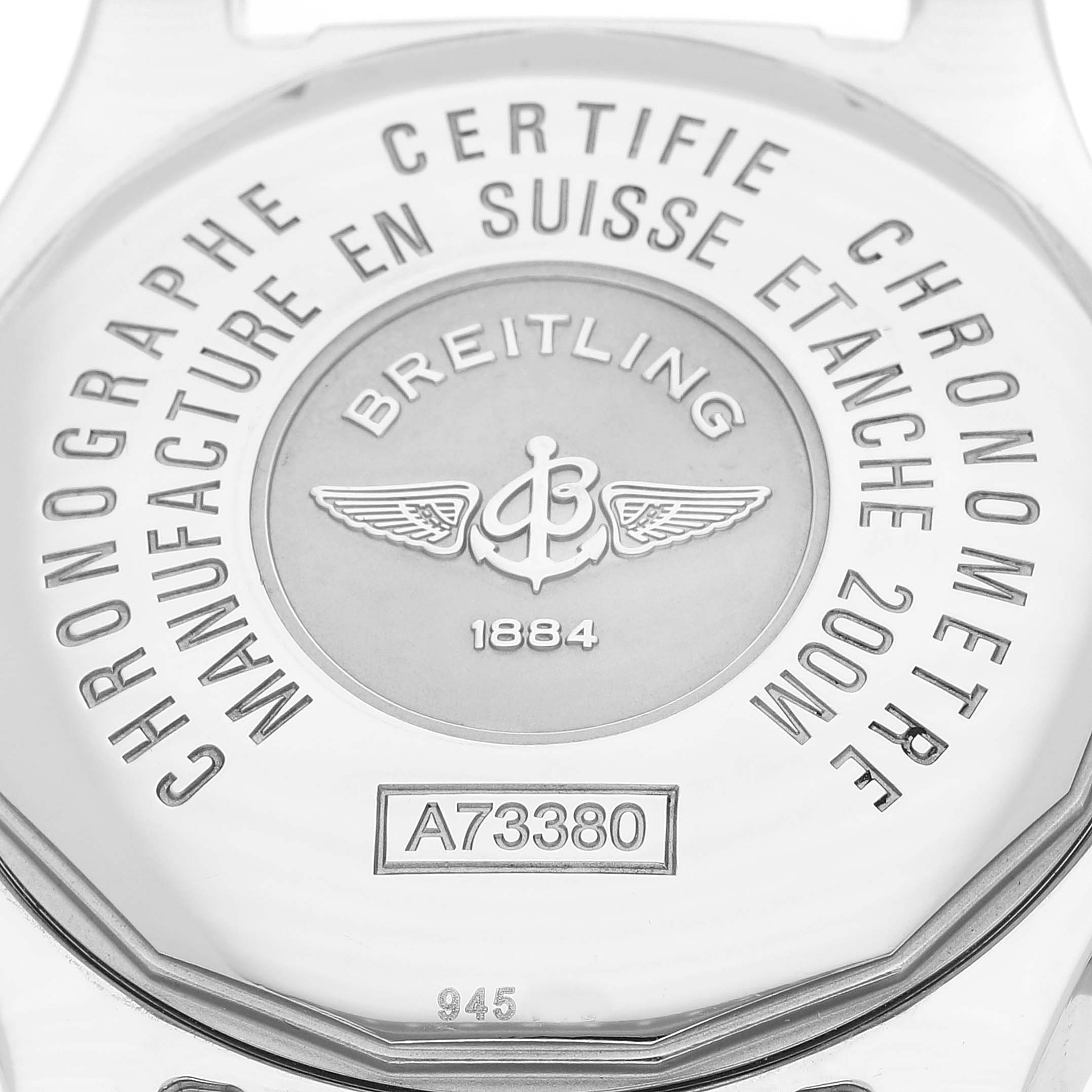 The image shows the back case of a Breitling Colt A73380 Men's Stainless Steel Blue Dial A73380 Men's Stainless Steel Blue Dial watch, highlighting the brand's logo, model number, and water resistance.