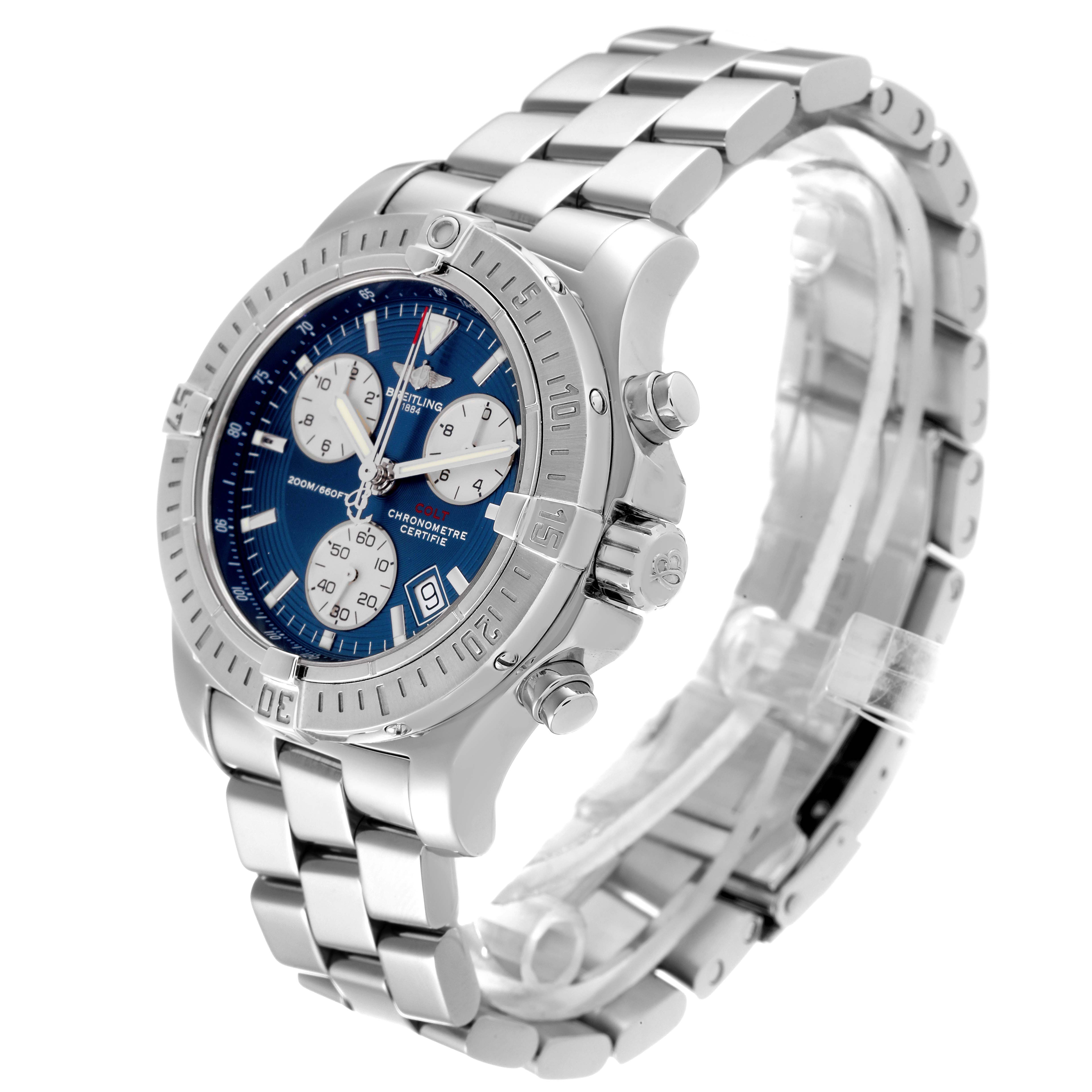 The Breitling Colt A73380 Men's Stainless Steel Blue Dial A73380 Men's Stainless Steel Blue Dial watch is shown at a three-quarter angle, displaying its bezel, dial, crown, and bracelet.
