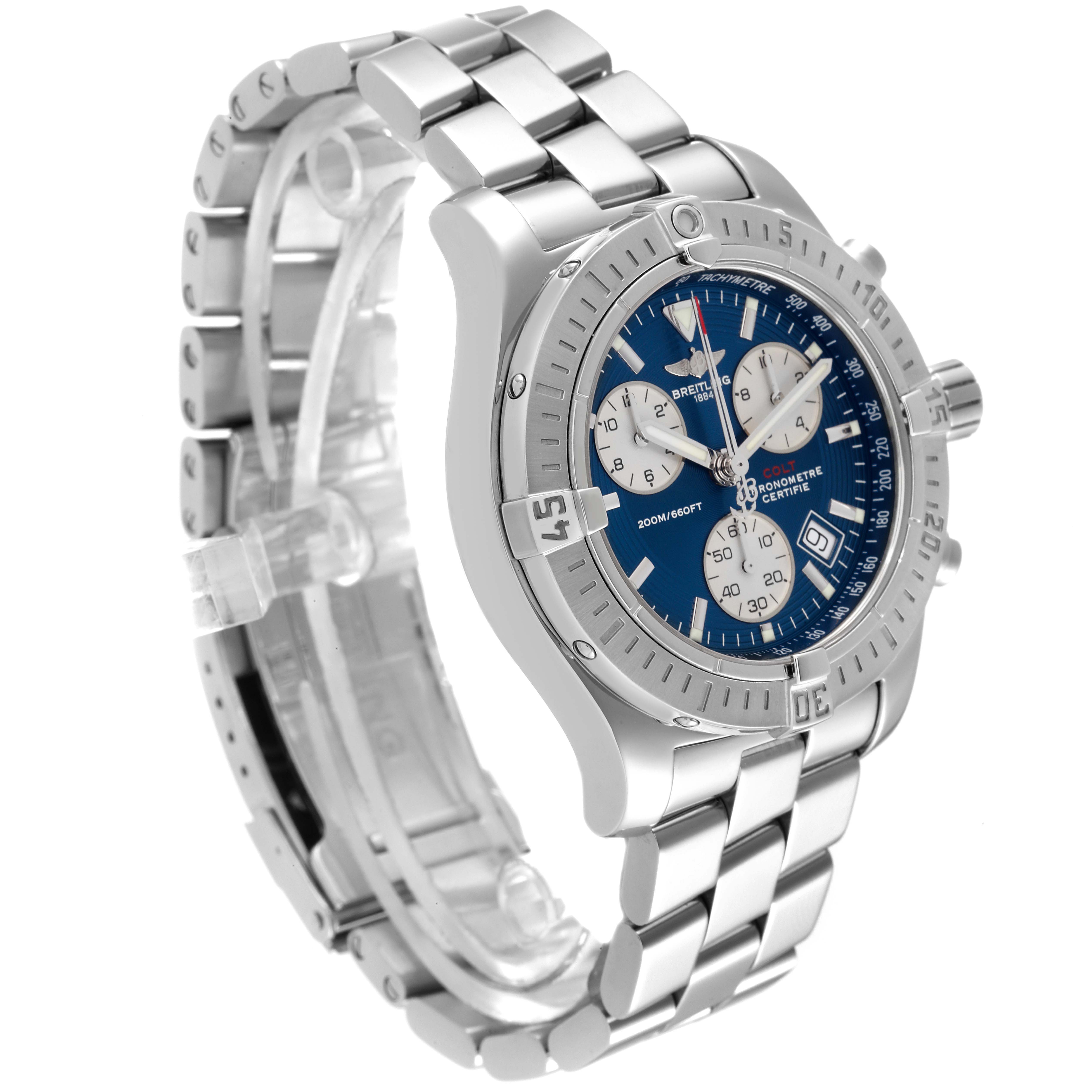 The Breitling Colt A73380 Men's Stainless Steel Blue Dial A73380 Men's Stainless Steel Blue Dial watch is shown from a three-quarter angle, highlighting the bezel, face, chronograph, and metal bracelet.