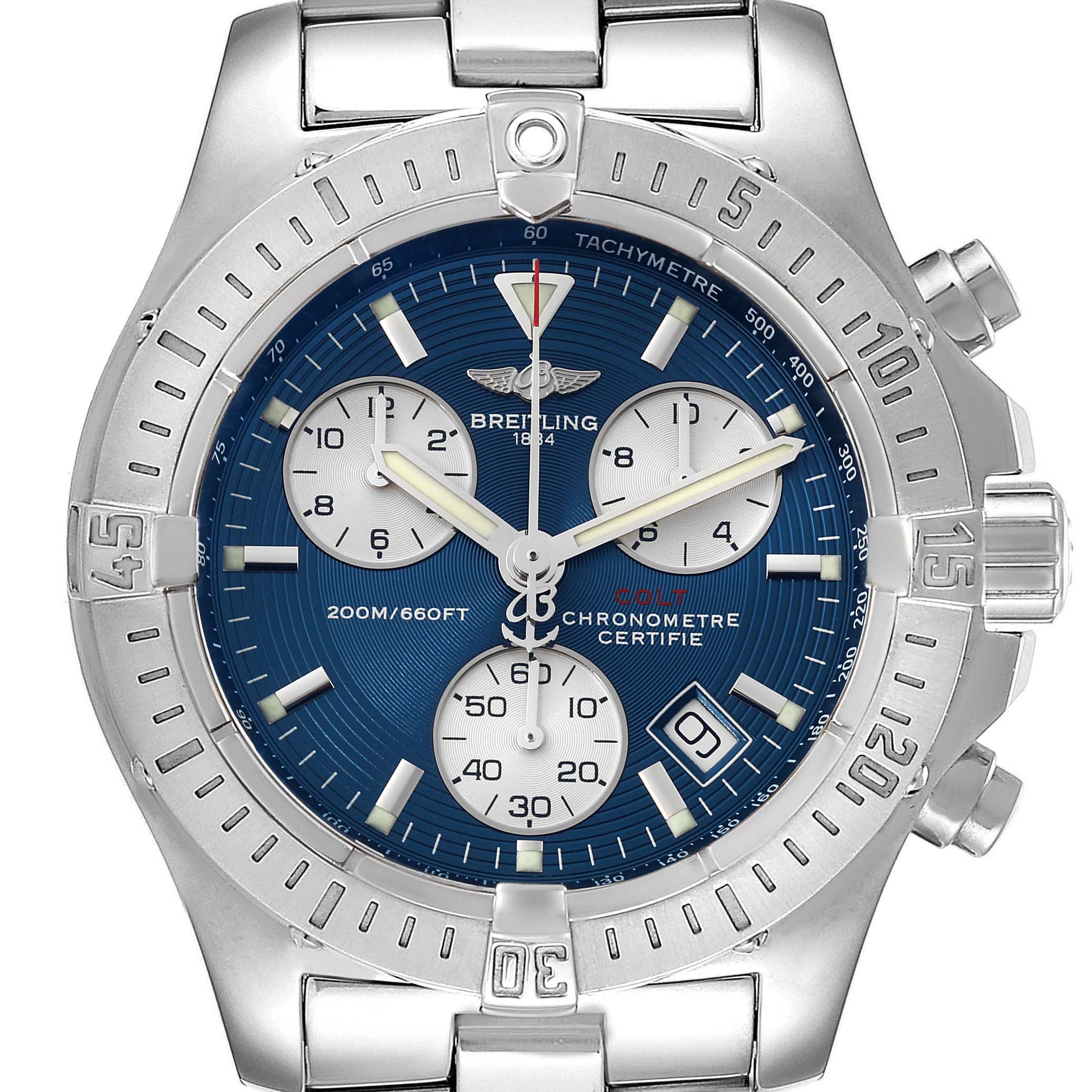 The image shows a front view of the Breitling Colt A73380 Men's Stainless Steel Blue Dial A73380 Men's Stainless Steel Blue Dial watch, displaying its face, bezel, and pushers.