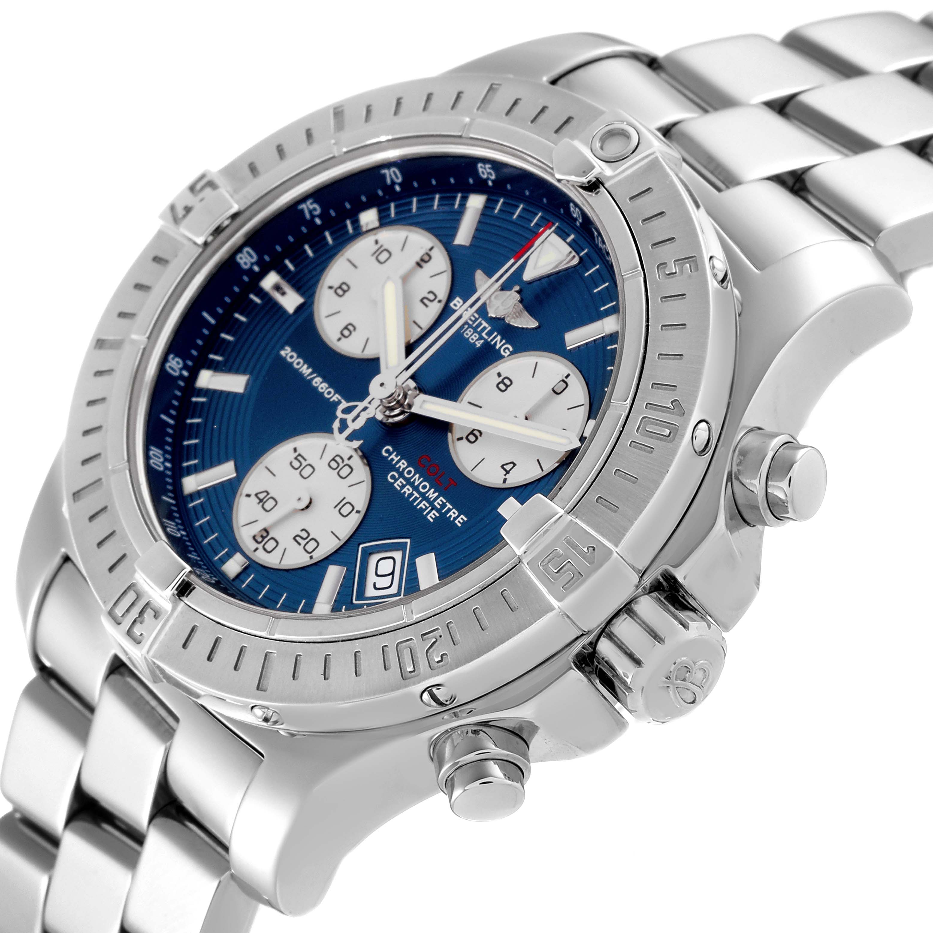The image shows a side and angled view of the dial, bezel, pushers, and bracelet of the Breitling Colt A73380 Men's Stainless Steel Blue Dial A73380 Men's Stainless Steel Blue Dial watch.