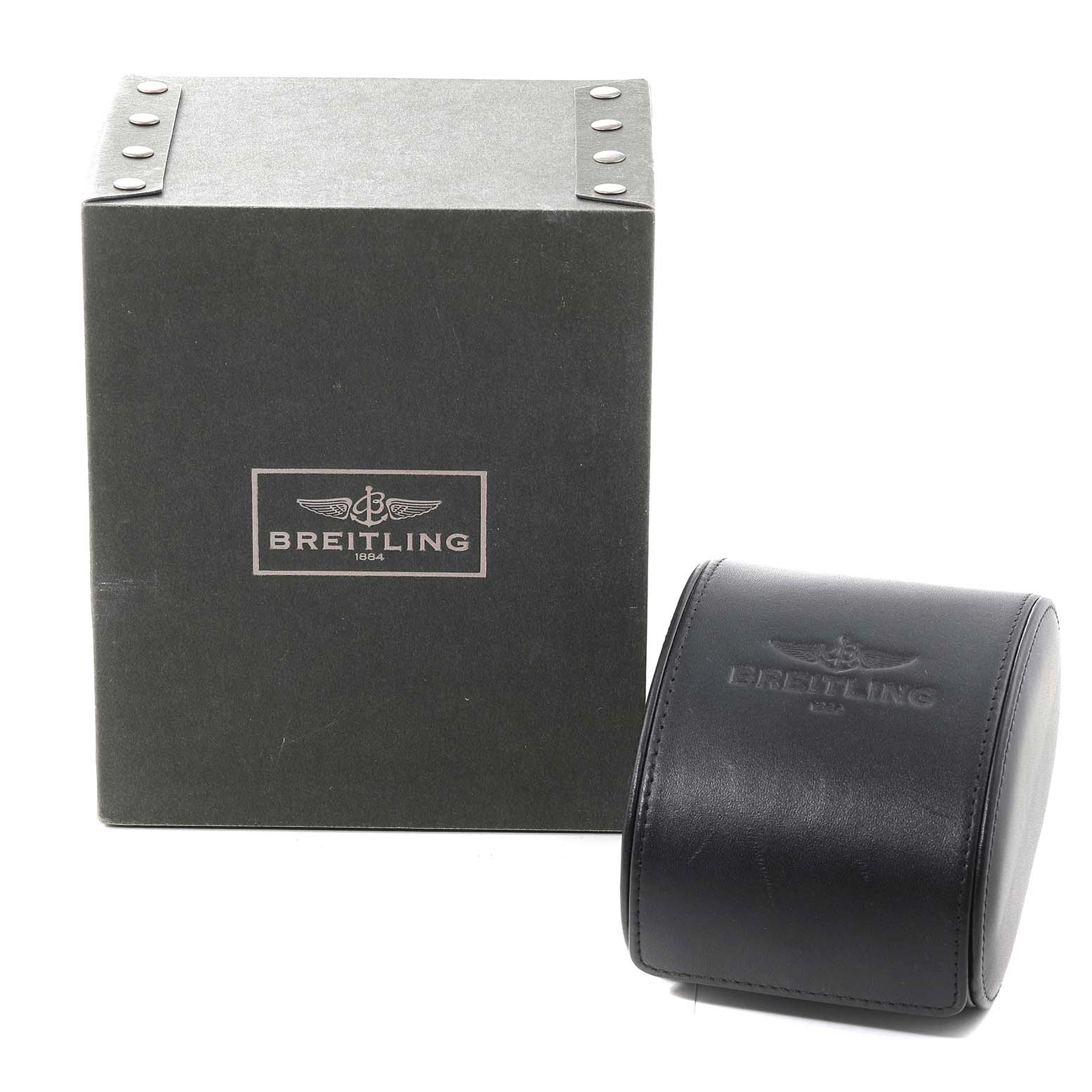 The image shows a storage box and a leather case for the Breitling Galactic C37330 Men's Steel and Gold (two tone) Mother of Pearl Dial C37330 Men's Steel and Gold (two tone) Mother of Pearl Dial watch.