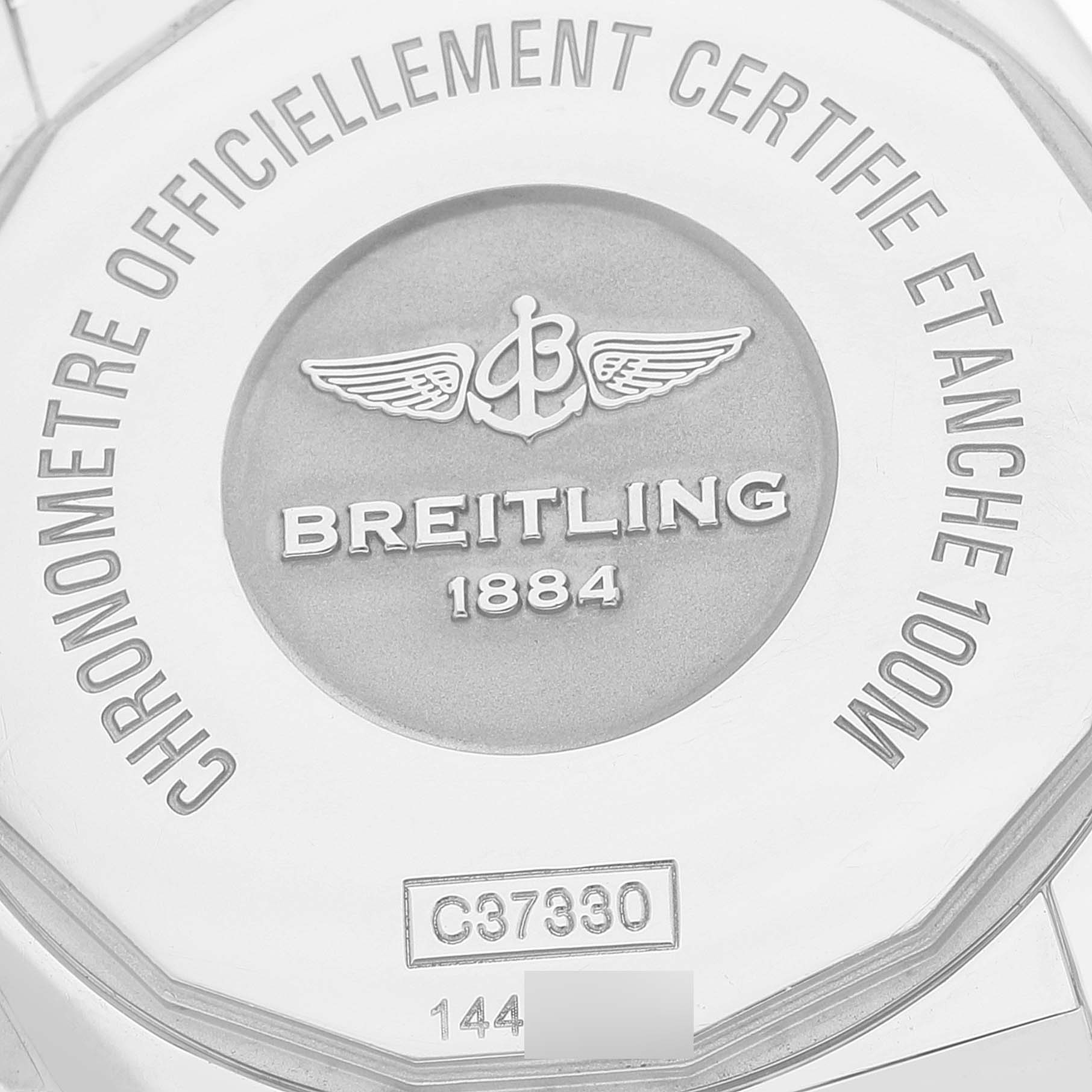 This is an image of the back case of a Breitling Galactic C37330 Men's Steel and Gold (two tone) Mother of Pearl Dial C37330 Men's Steel and Gold (two tone) Mother of Pearl Dial watch model, showing engravings and the watch's serial number.