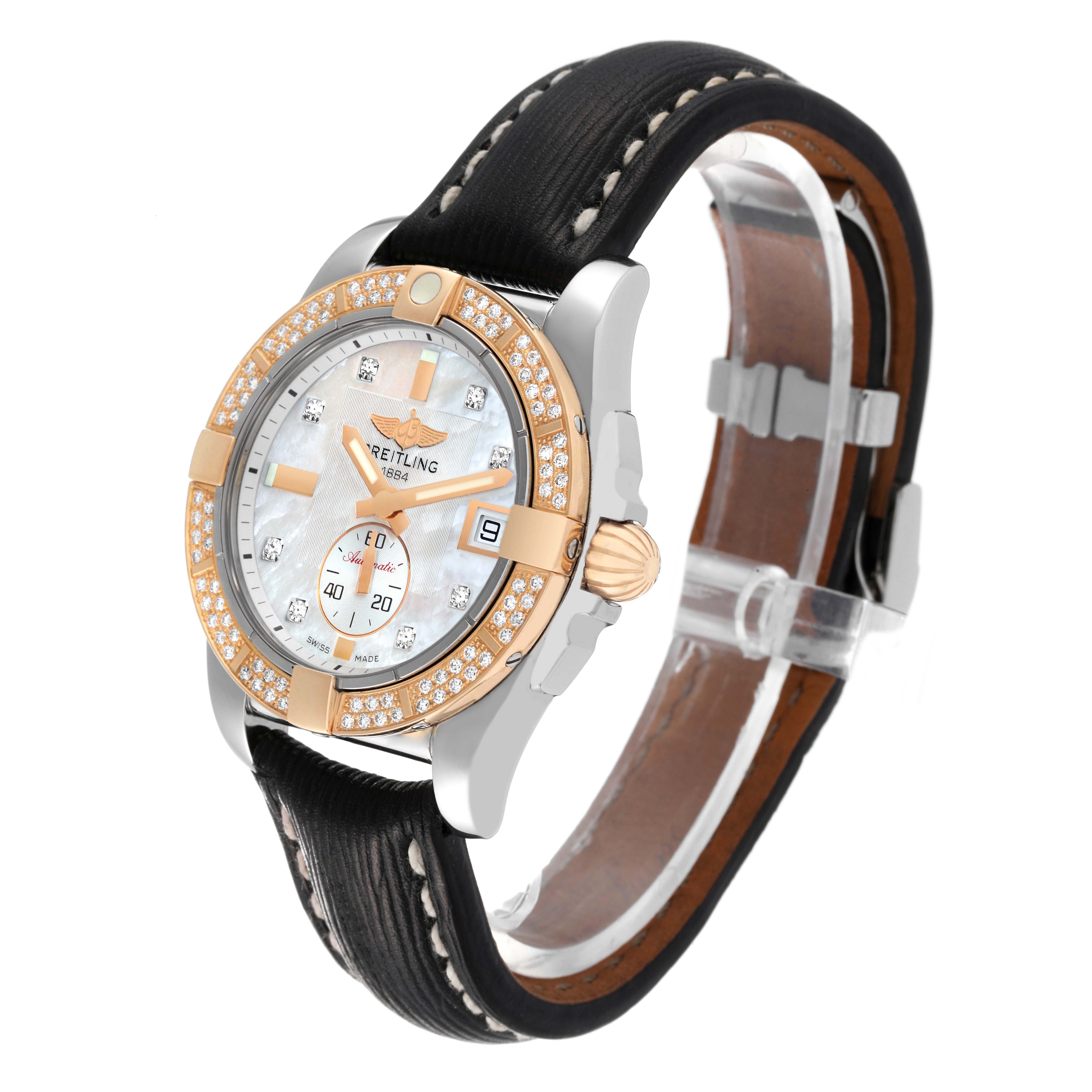 The Breitling Galactic C37330 Men's Steel and Gold (two tone) Mother of Pearl Dial C37330 Men's Steel and Gold (two tone) Mother of Pearl Dial watch is shown at a 3/4 angle, highlighting the dial, bezel, crown, and strap.