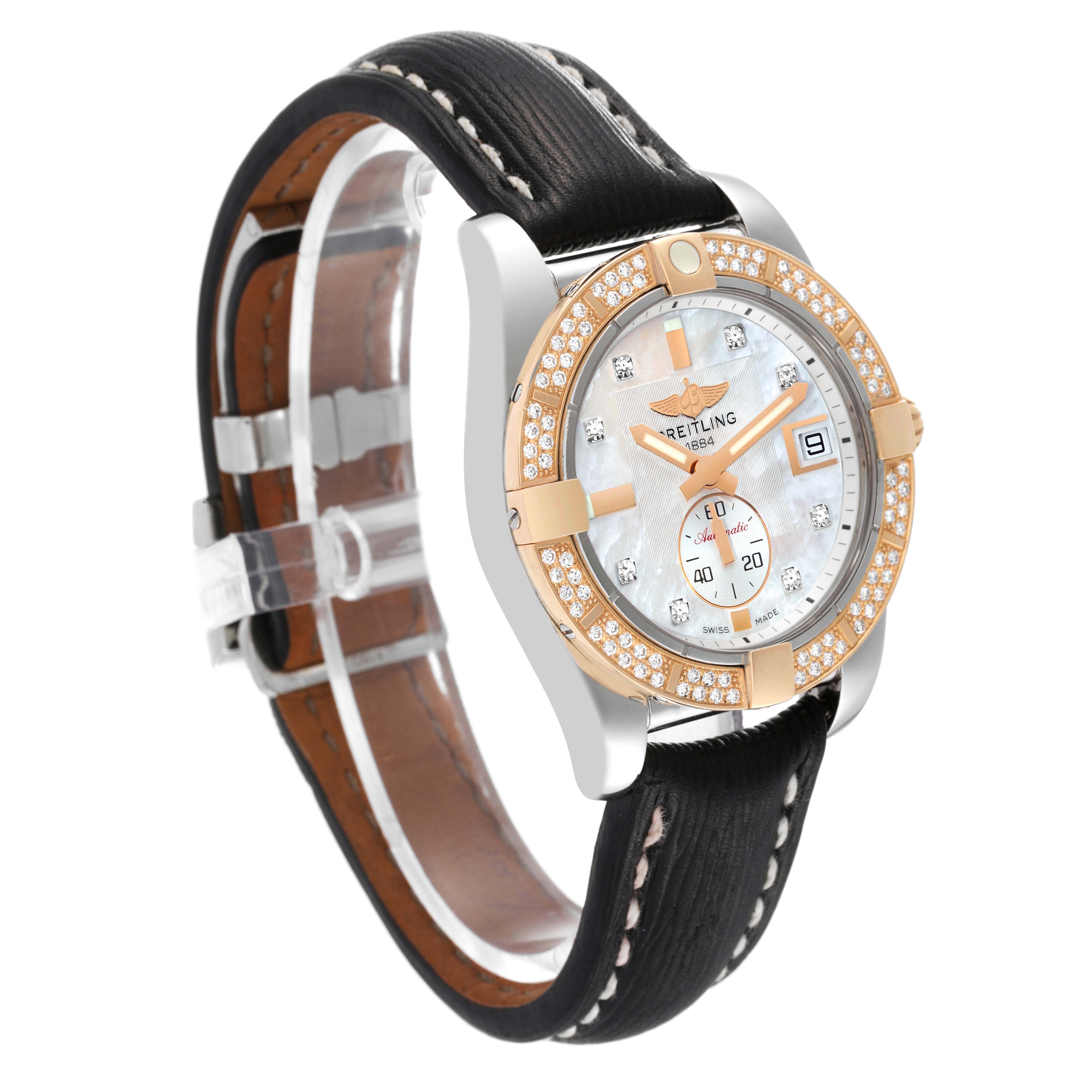 This image shows a Breitling Galactic C37330 Men's Steel and Gold (two tone) Mother of Pearl Dial C37330 Men's Steel and Gold (two tone) Mother of Pearl Dial watch at a three-quarter angle, highlighting its face, bezel, and strap.