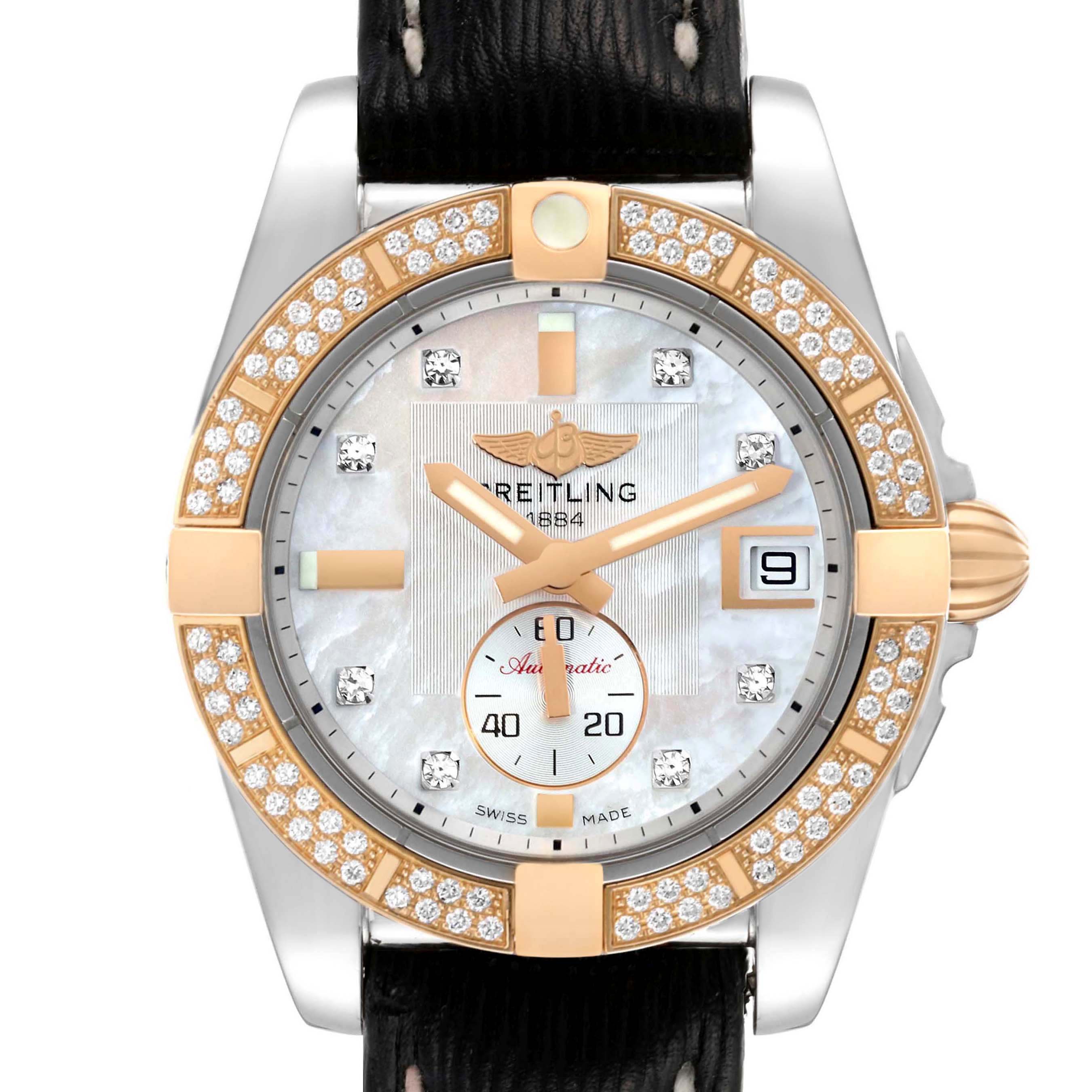 The Breitling Galactic C37330 Men's Steel and Gold (two tone) Mother of Pearl Dial C37330 Men's Steel and Gold (two tone) Mother of Pearl Dial watch is shown from a front angle, displaying the face, bezel, hands, and part of the strap.