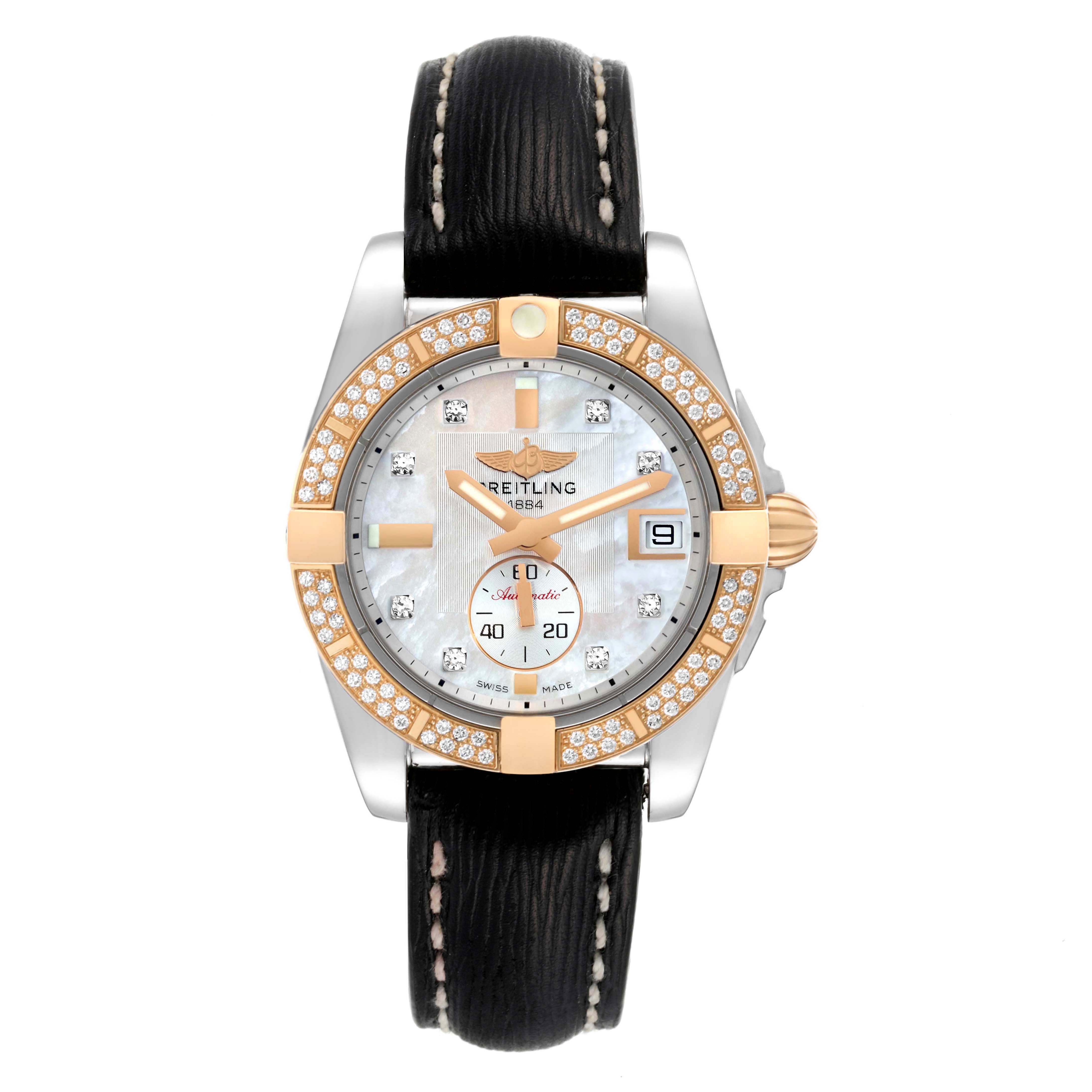The Breitling Galactic C37330 Men's Steel and Gold (two tone) Mother of Pearl Dial C37330 Men's Steel and Gold (two tone) Mother of Pearl Dial watch is shown from a straight-on angle, highlighting its face, bezel, and black leather strap.