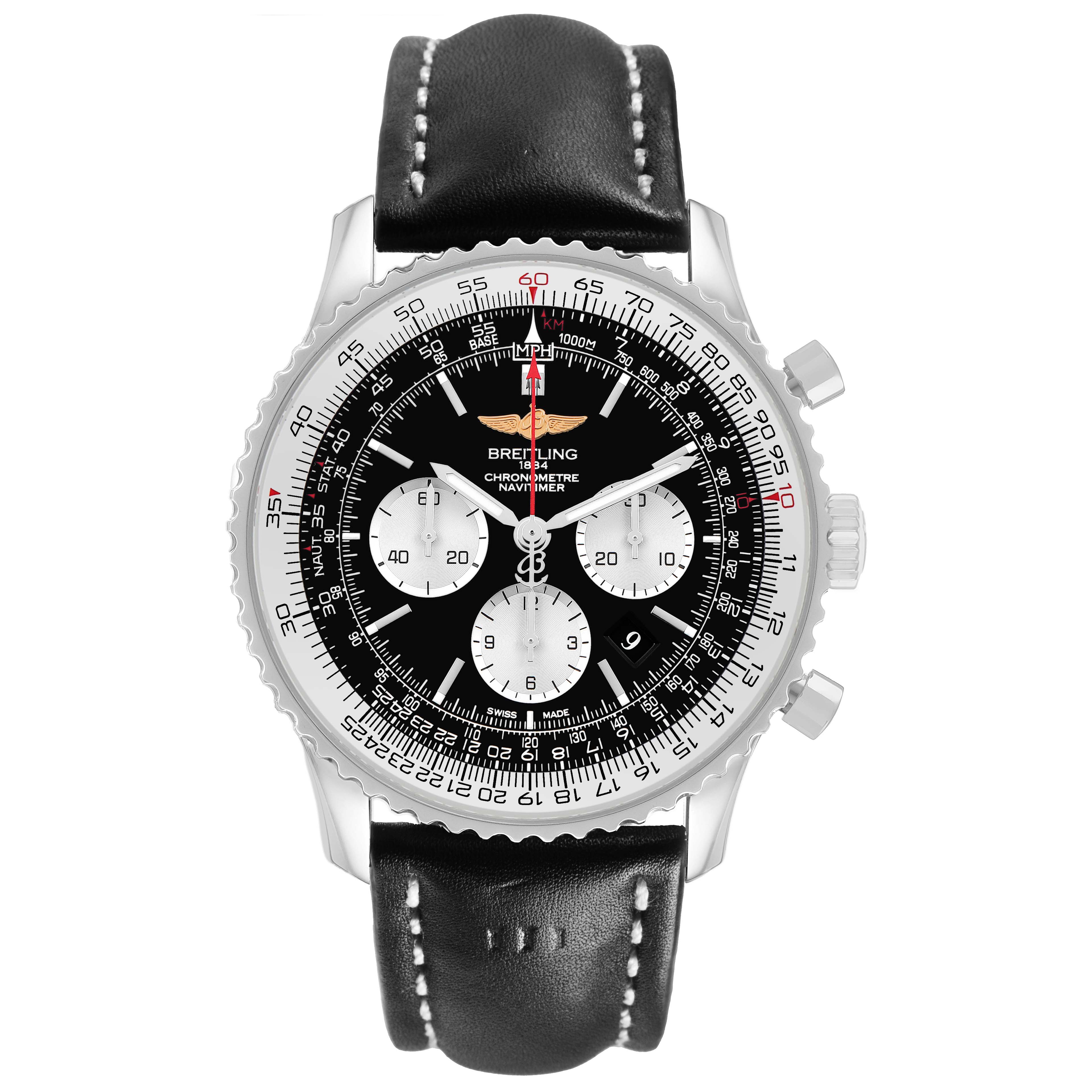 The Breitling Navitimer AB0127 Men's Stainless Steel Black Dial watch is shown from a front view, highlighting the black dial, slide rule bezel, and leather strap.