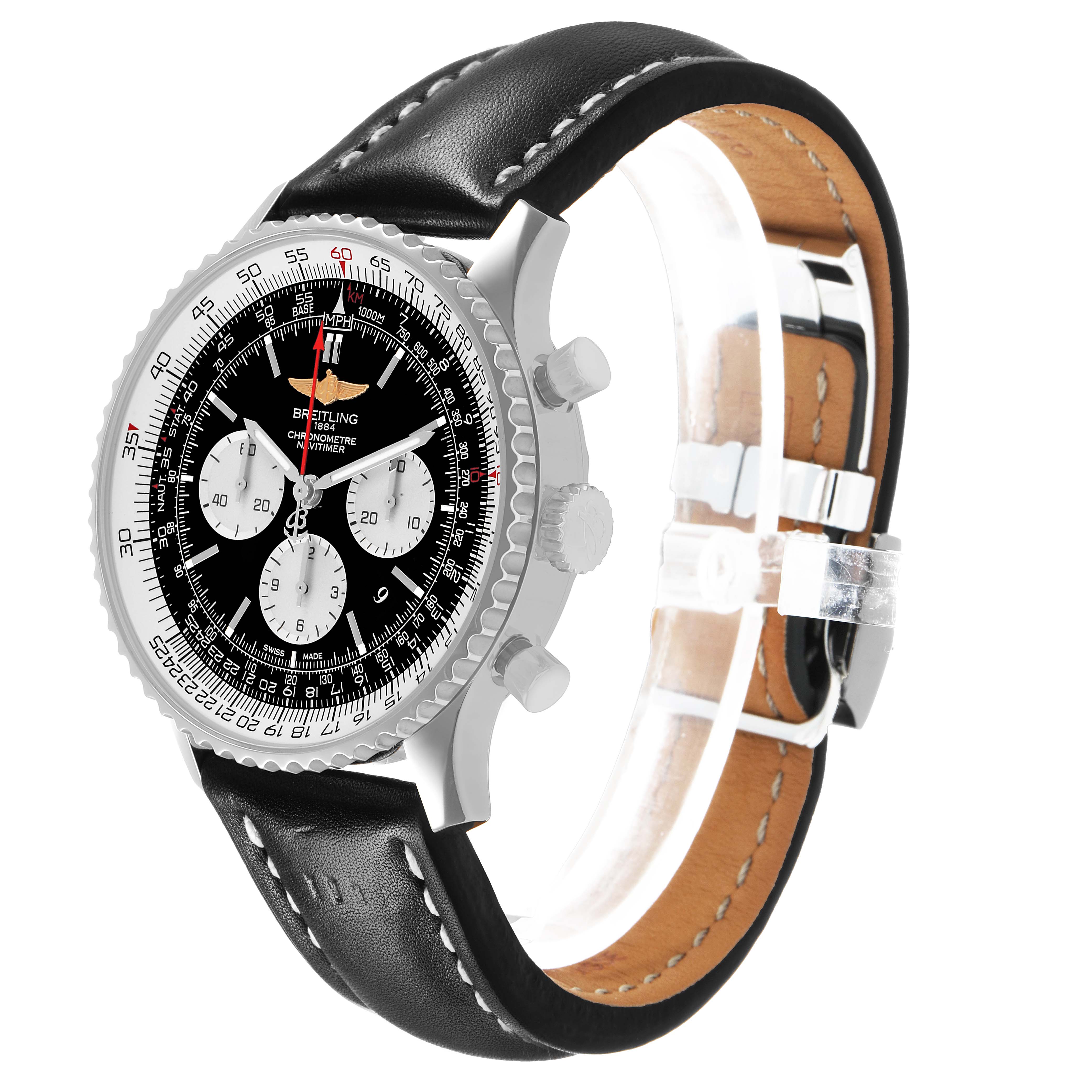 The Breitling Navitimer AB0127 Men's Stainless Steel Black Dial watch is shown at an angled side view, displaying its face, bezel, crown, pushers, and leather strap.