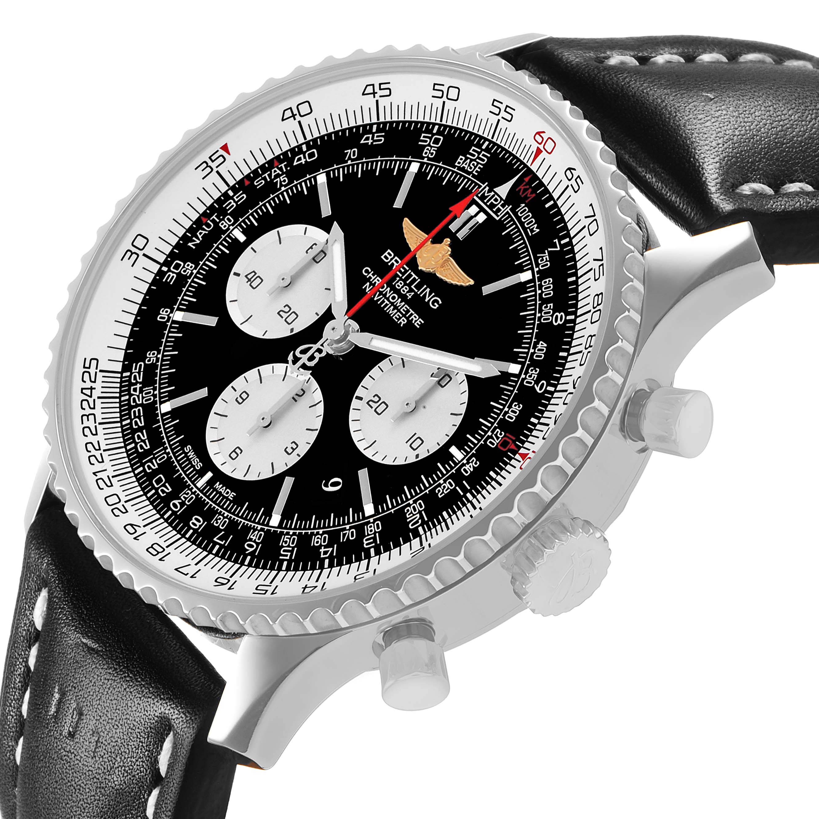 The Breitling Navitimer AB0127 Men's Stainless Steel Black Dial watch is shown from a three-quarter angle, highlighting its bezel, dial, crown, and pushers.