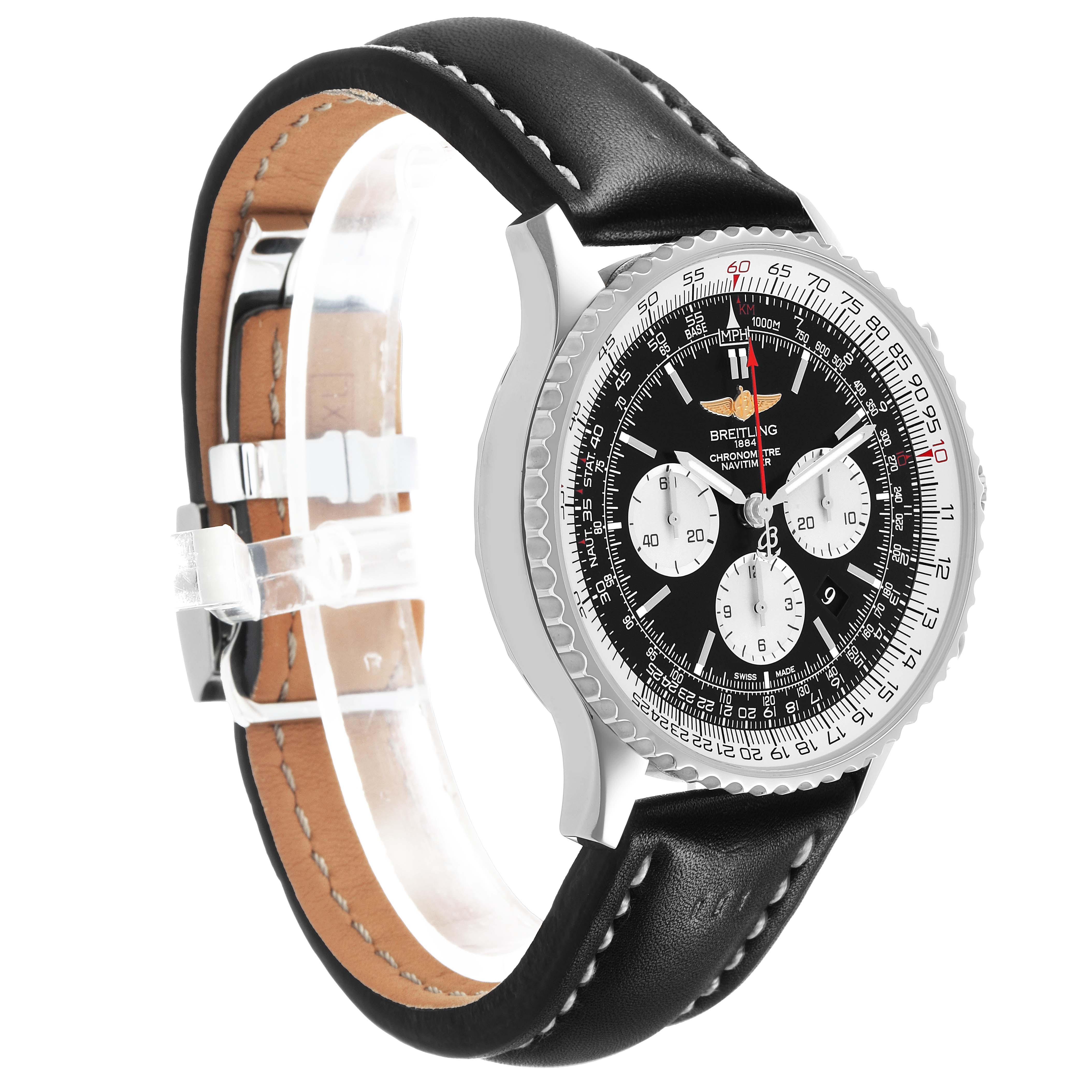 The Breitling Navitimer AB0127 Men's Stainless Steel Black Dial model is shown at a three-quarter angle, displaying the dial, bezel, and leather strap.