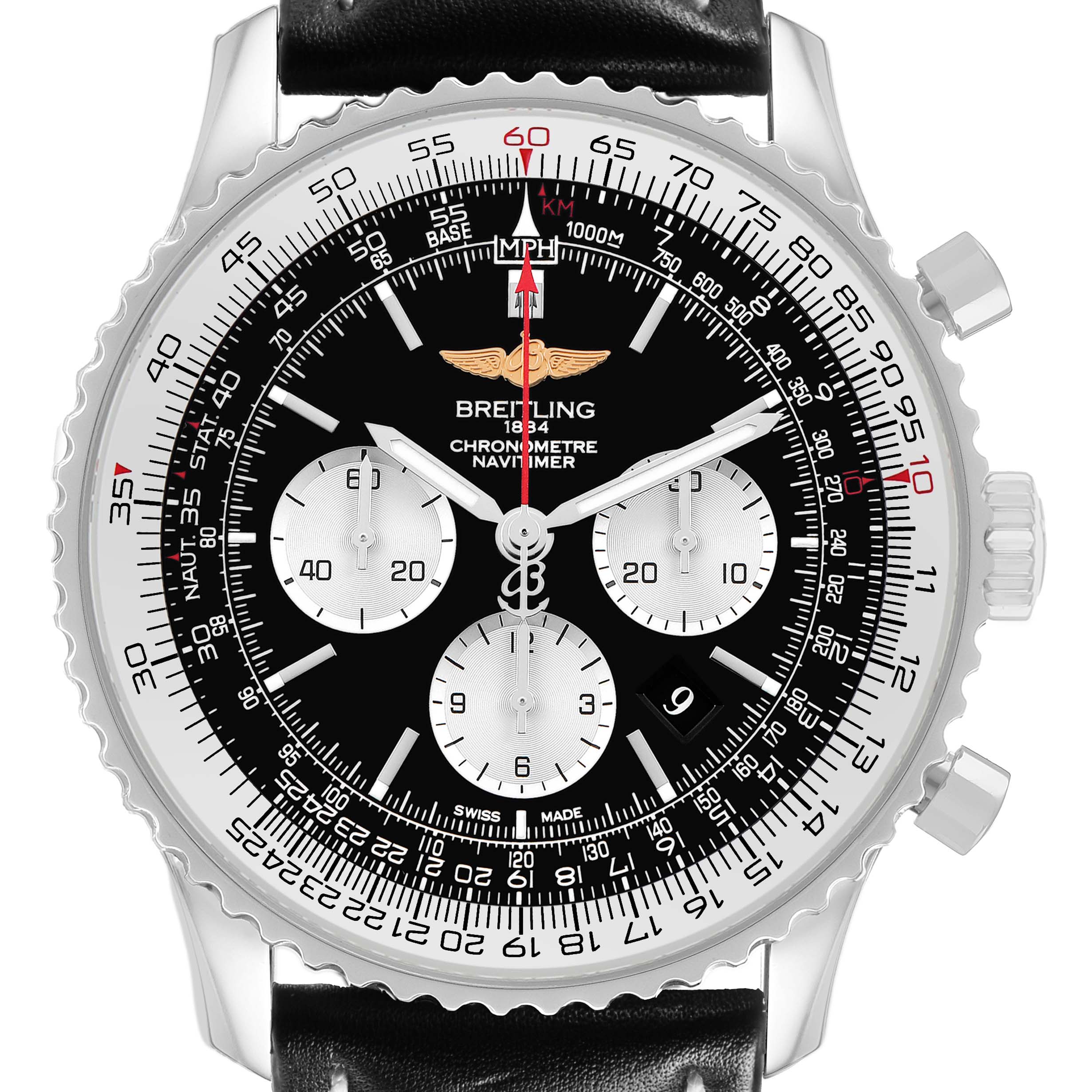 The Breitling Navitimer AB0127 Men's Stainless Steel Black Dial watch is shown from a front angle, detailing its dial, chronograph subdials, and bezel.