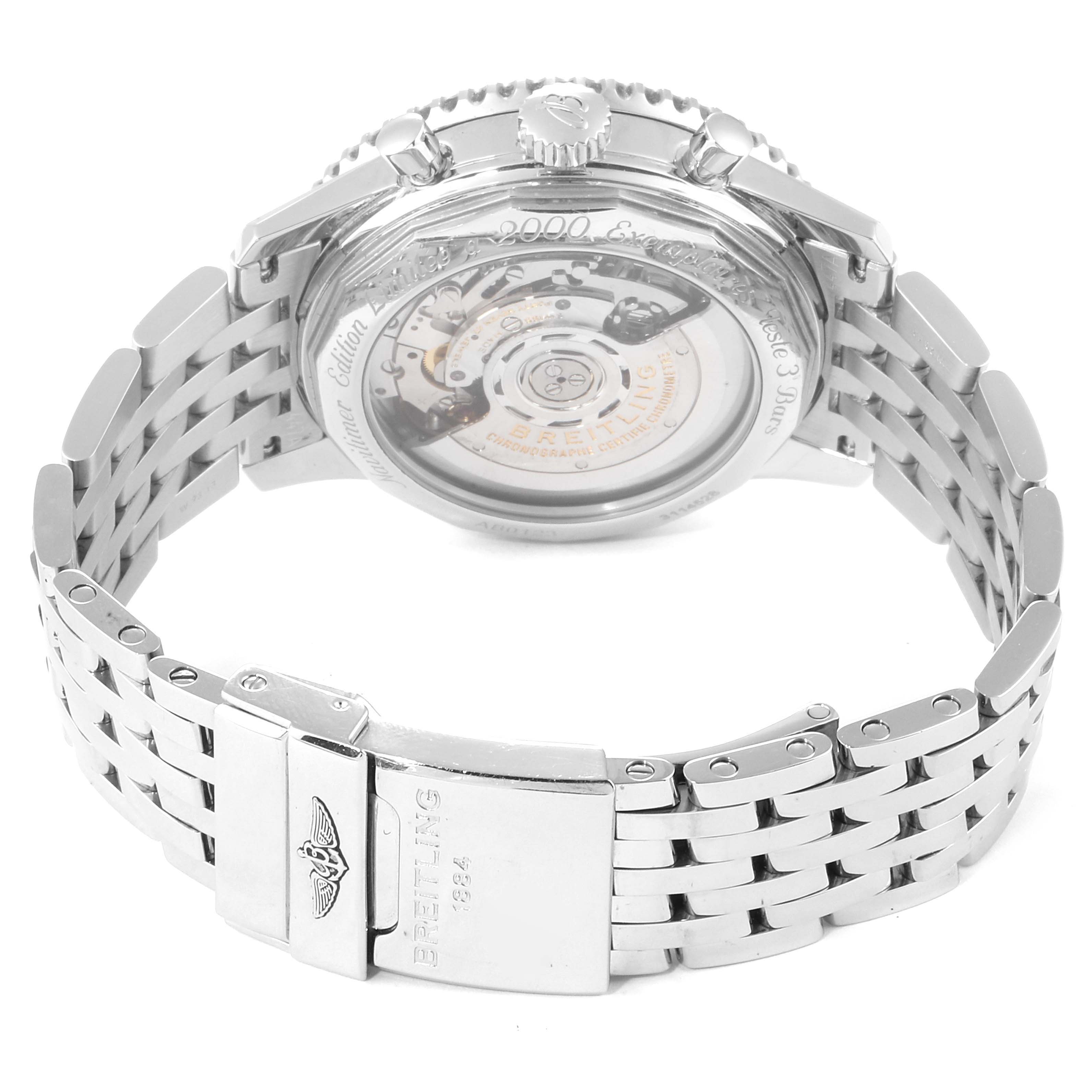 The image shows the back view of a Breitling Navitimer AB0123 Men's Stainless Steel Silver Dial AB0123 Men's Stainless Steel Silver Dial watch, highlighting its metal bracelet, clasp, and transparent case back.