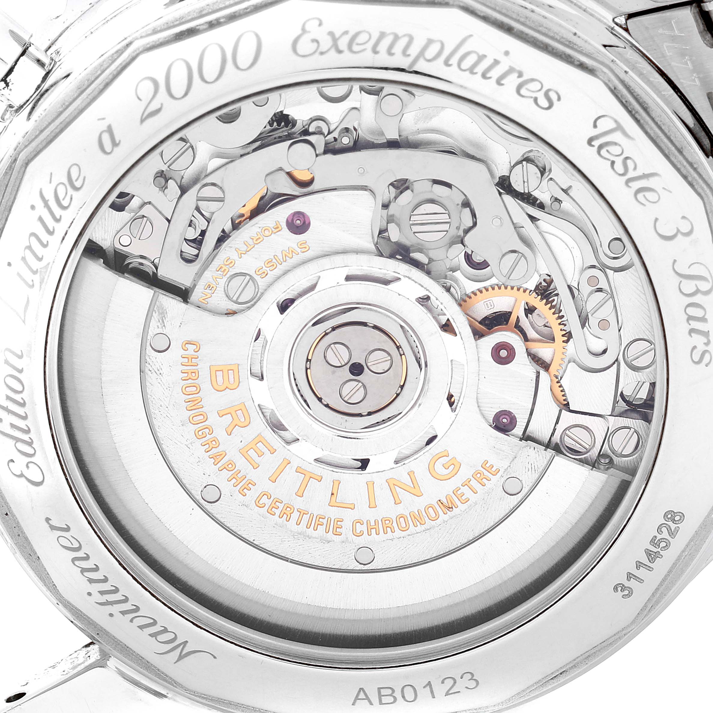 This image shows the back of the Breitling Navitimer AB0123 Men's Stainless Steel Silver Dial AB0123 Men's Stainless Steel Silver Dial watch, highlighting the intricate movement and engravings.