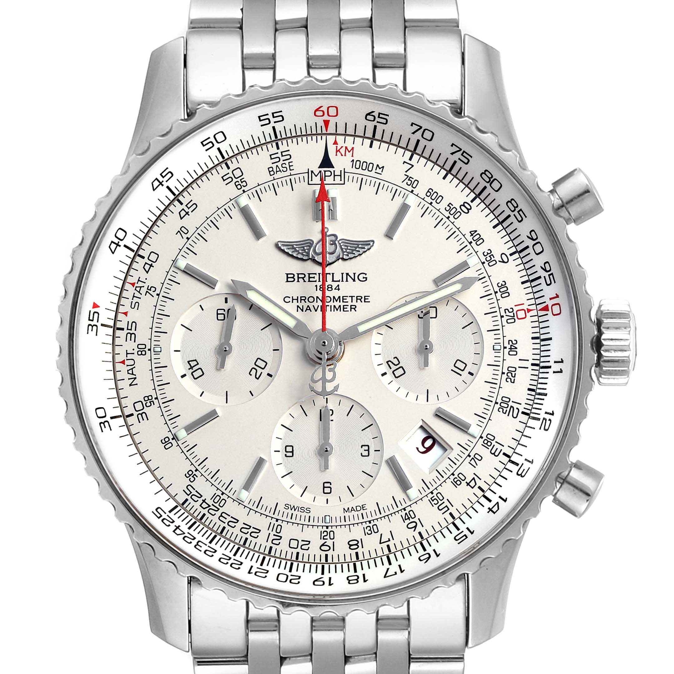This is a top-down view of a Breitling Navitimer AB0123 Men's Stainless Steel Silver Dial AB0123 Men's Stainless Steel Silver Dial watch, showcasing the dial, chronograph subdials, bezel, and bracelet.