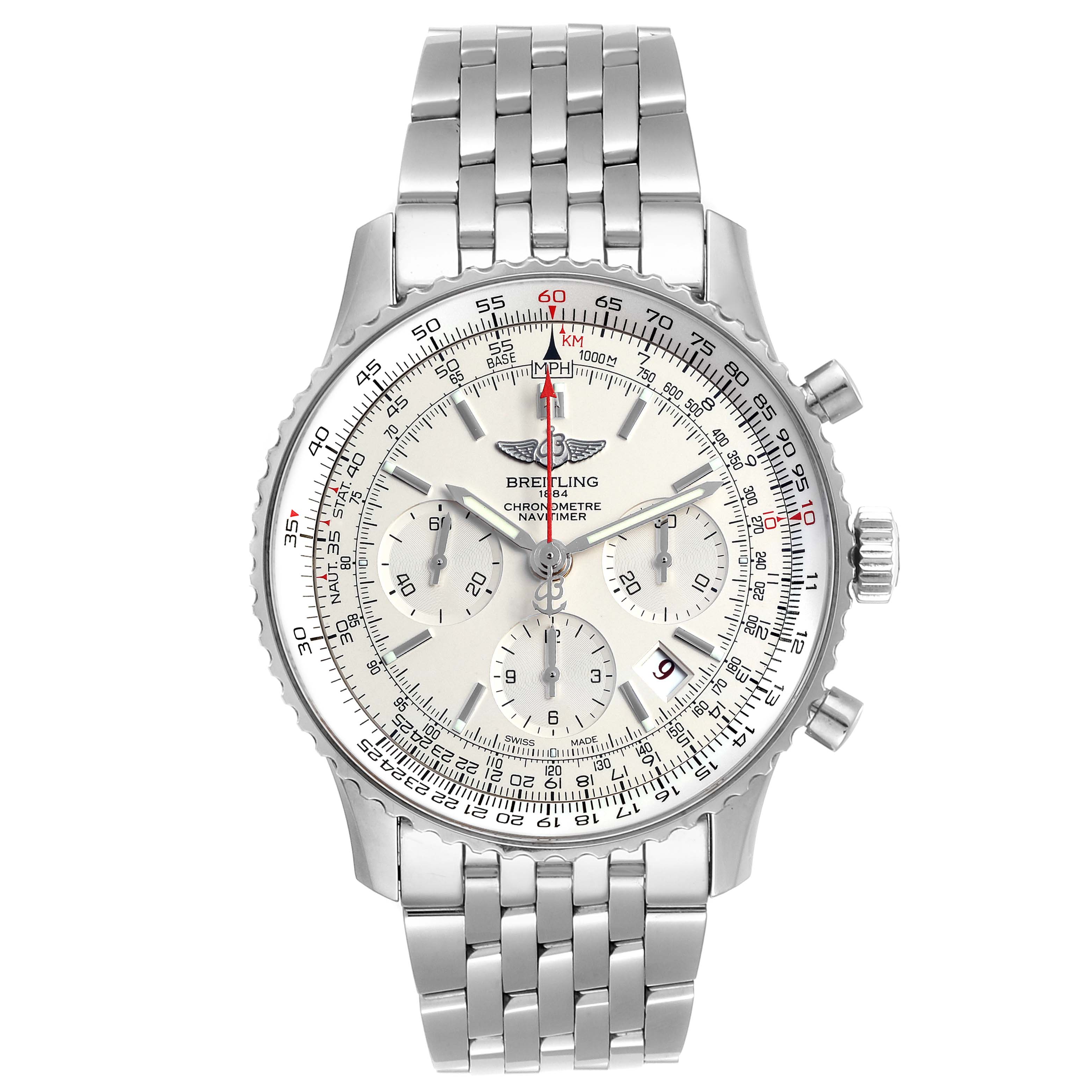 This image shows a front angle view of a Breitling Navitimer AB0123 Men's Stainless Steel Silver Dial AB0123 Men's Stainless Steel Silver Dial watch, highlighting its dial, bezel, buttons, and metallic bracelet.