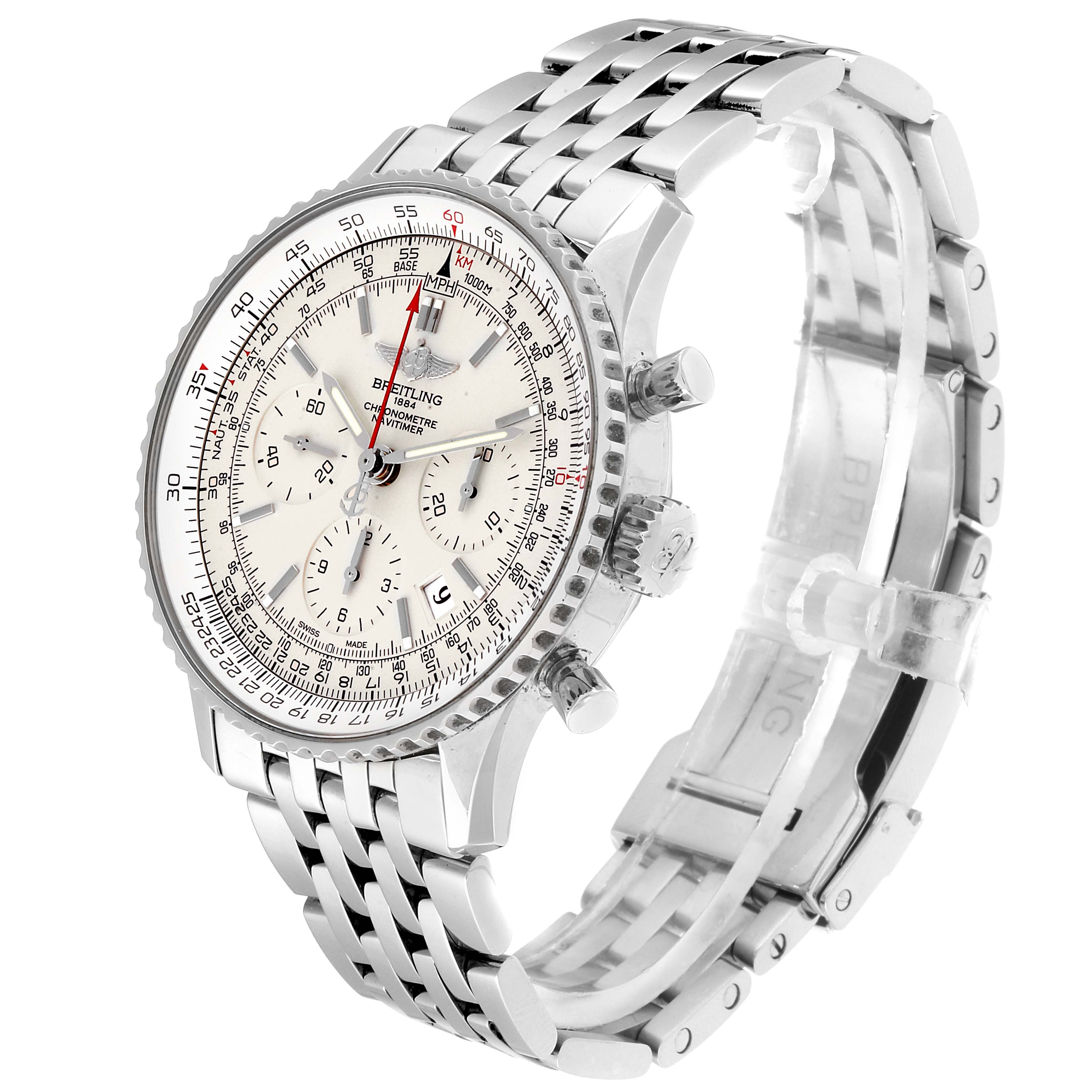 The Breitling Navitimer AB0123 Men's Stainless Steel Silver Dial AB0123 Men's Stainless Steel Silver Dial watch is shown at a three-quarter angle, highlighting the face, side buttons, and metal bracelet.