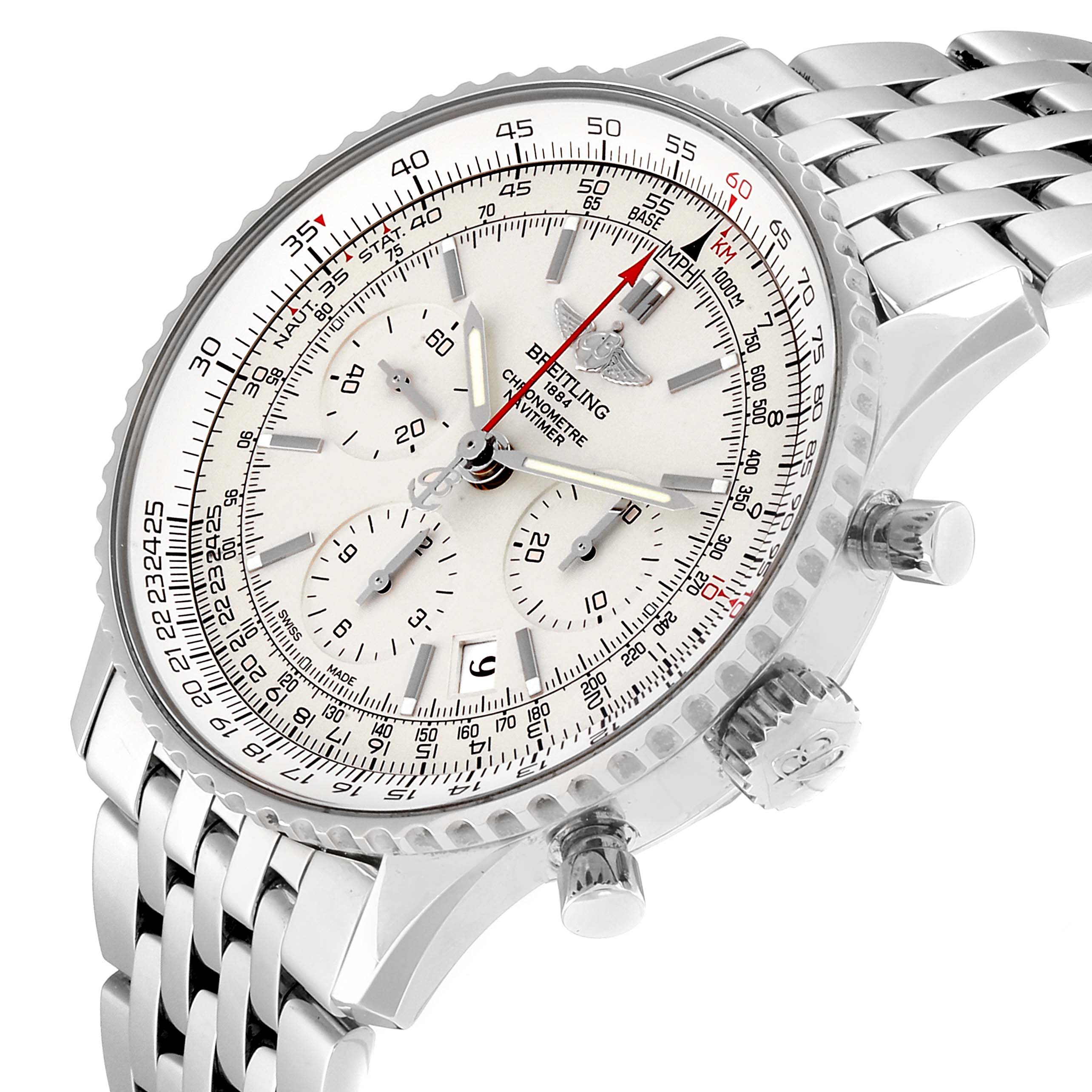 The image shows a Breitling Navitimer AB0123 Men's Stainless Steel Silver Dial AB0123 Men's Stainless Steel Silver Dial watch angled to display its face, bezel, crown, pushers, and metal bracelet.