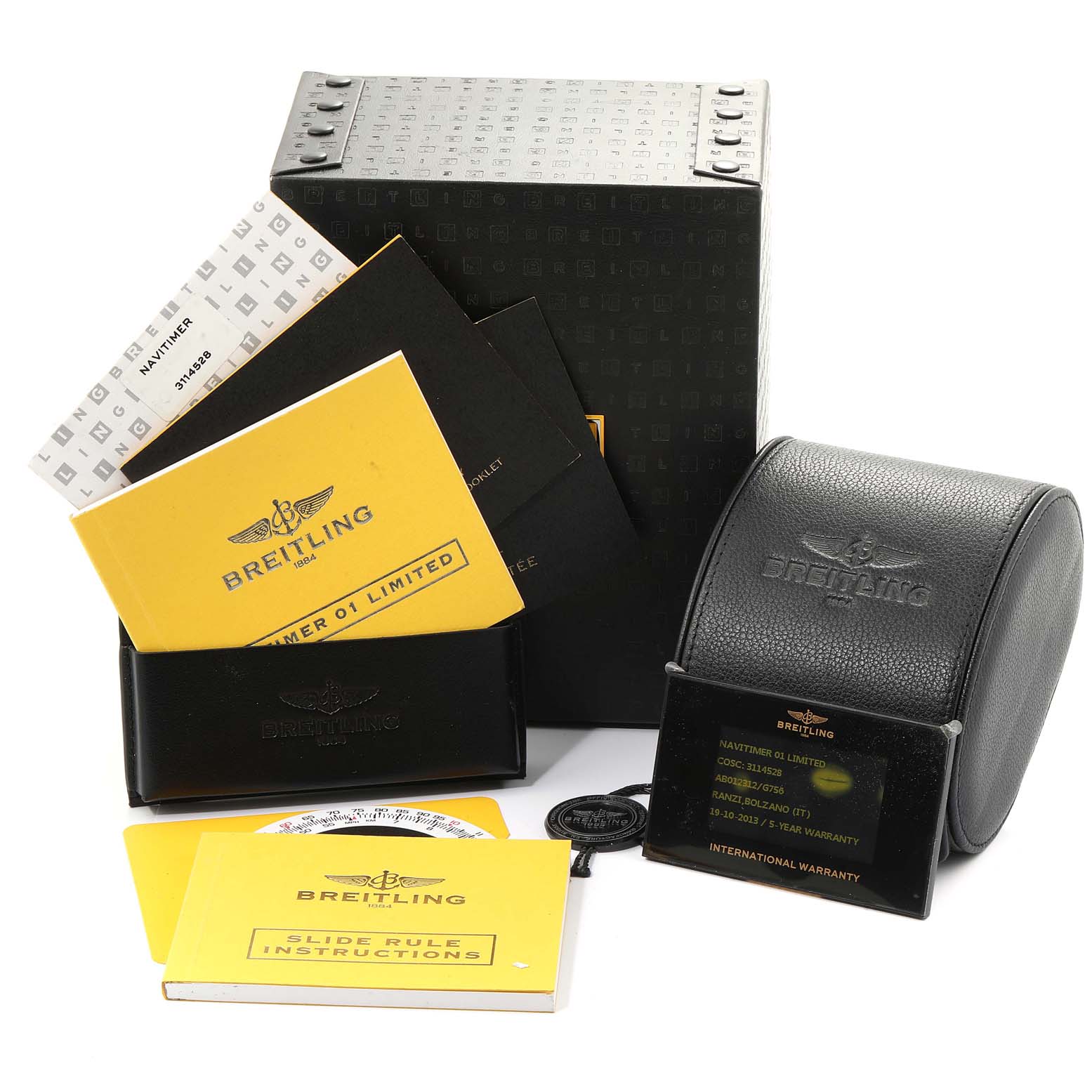 The image shows the packaging and accessories of a Breitling Navitimer AB0123 Men's Stainless Steel Silver Dial AB0123 Men's Stainless Steel Silver Dial watch, including its box, manuals, and warranty card.