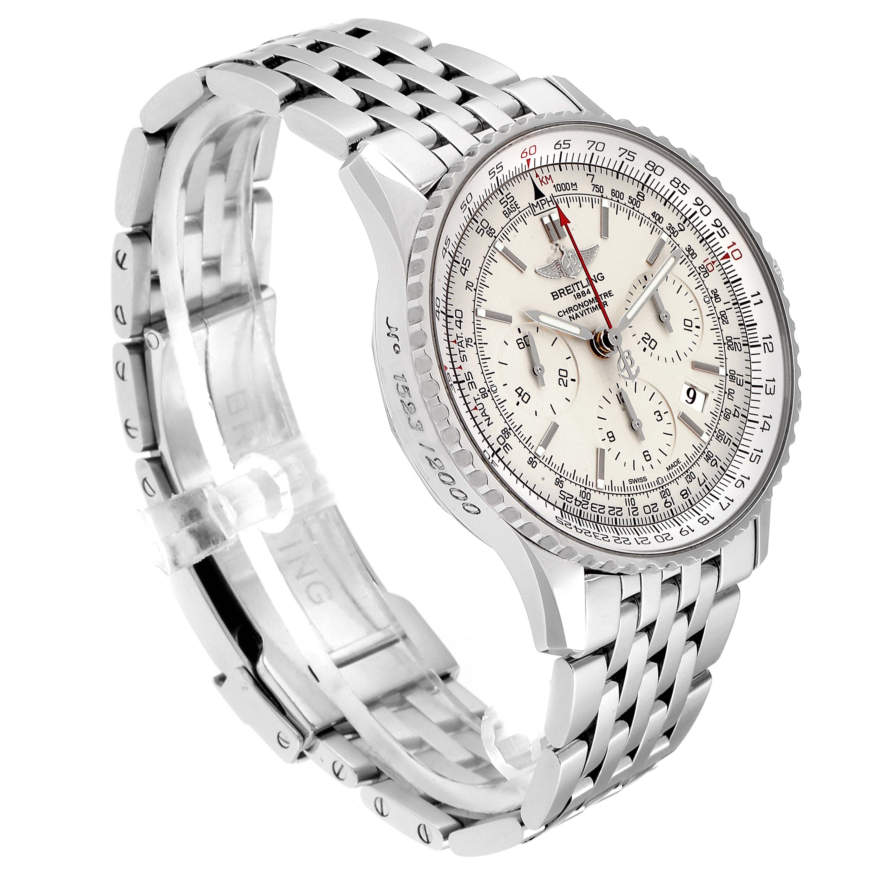 The image shows a Breitling Navitimer AB0123 Men's Stainless Steel Silver Dial AB0123 Men's Stainless Steel Silver Dial watch from a three-quarter angle highlighting its face and metal bracelet.