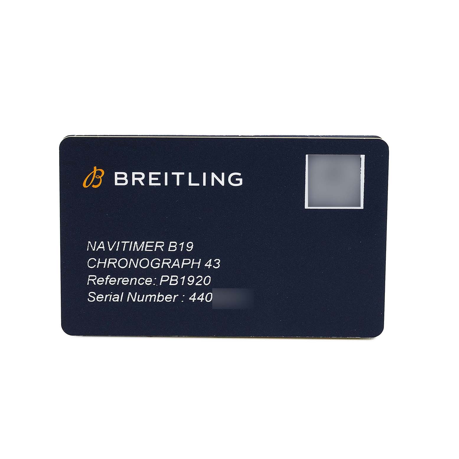 The image shows a Breitling Navitimer PB1920 Men's Stainless Steel Blue Dial B19 Chronograph 43 warranty card with model and serial details.