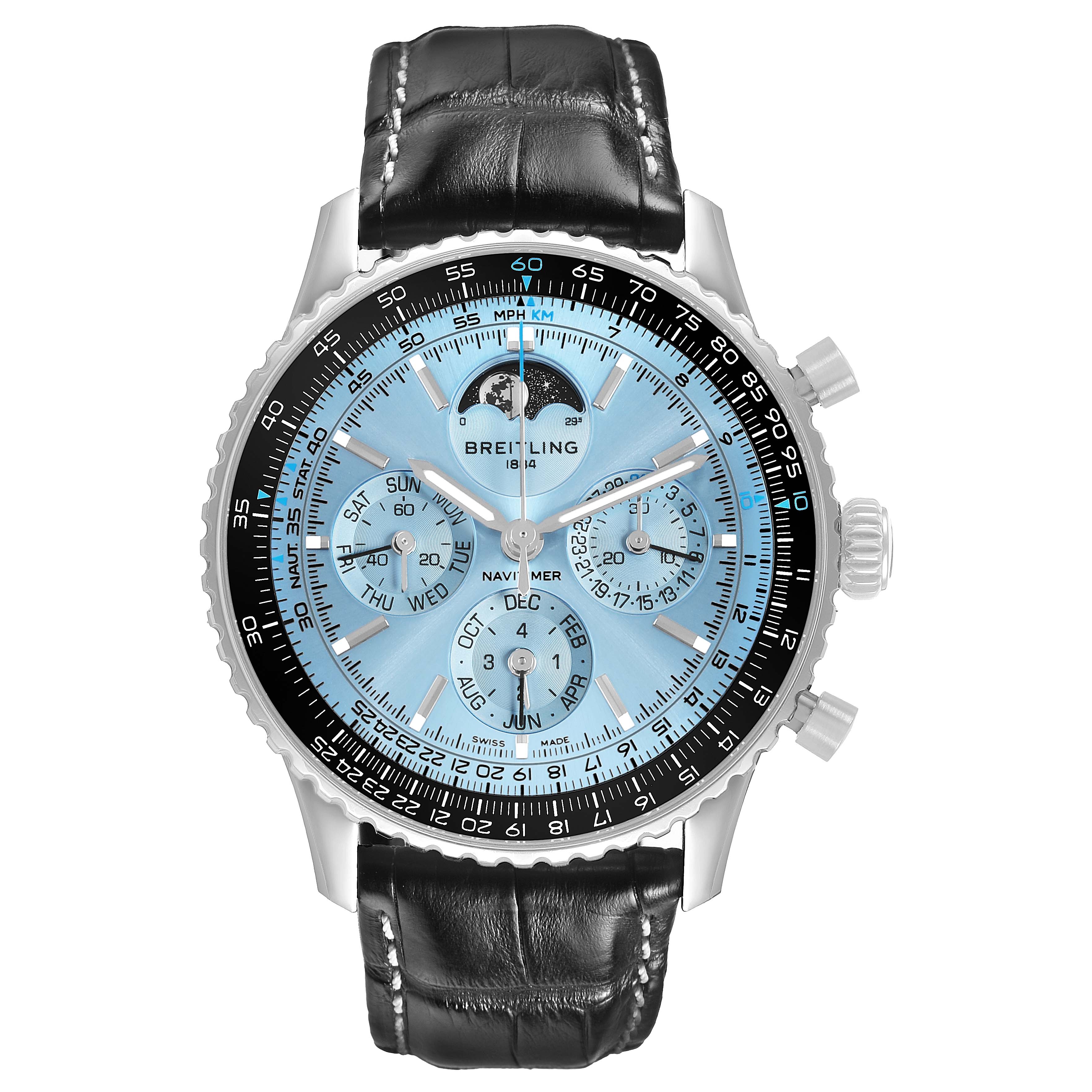 The Breitling Navitimer PB1920 Men's Stainless Steel Blue Dial watch is shown from a top-down angle featuring the face, bezel, and leather strap.