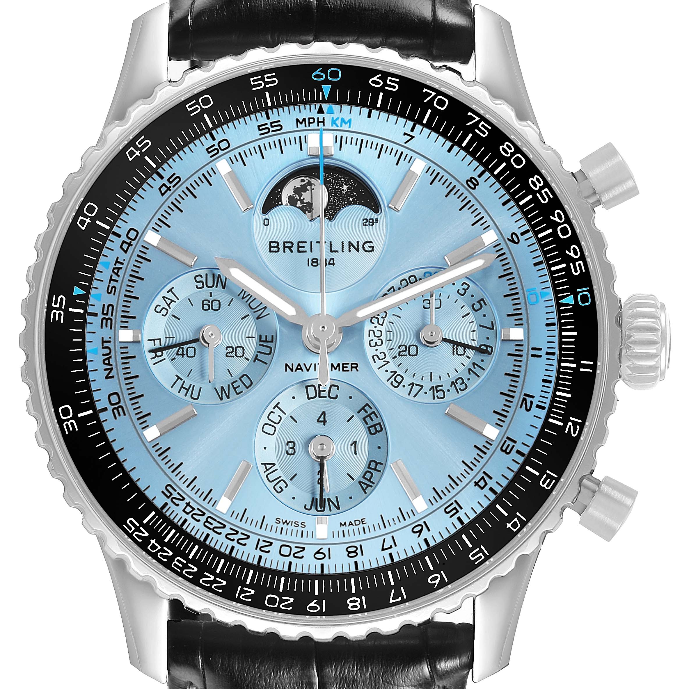 The Breitling Navitimer PB1920 Men's Stainless Steel Blue Dial watch is shown from a frontal angle, displaying its dials, bezel, and leather strap.