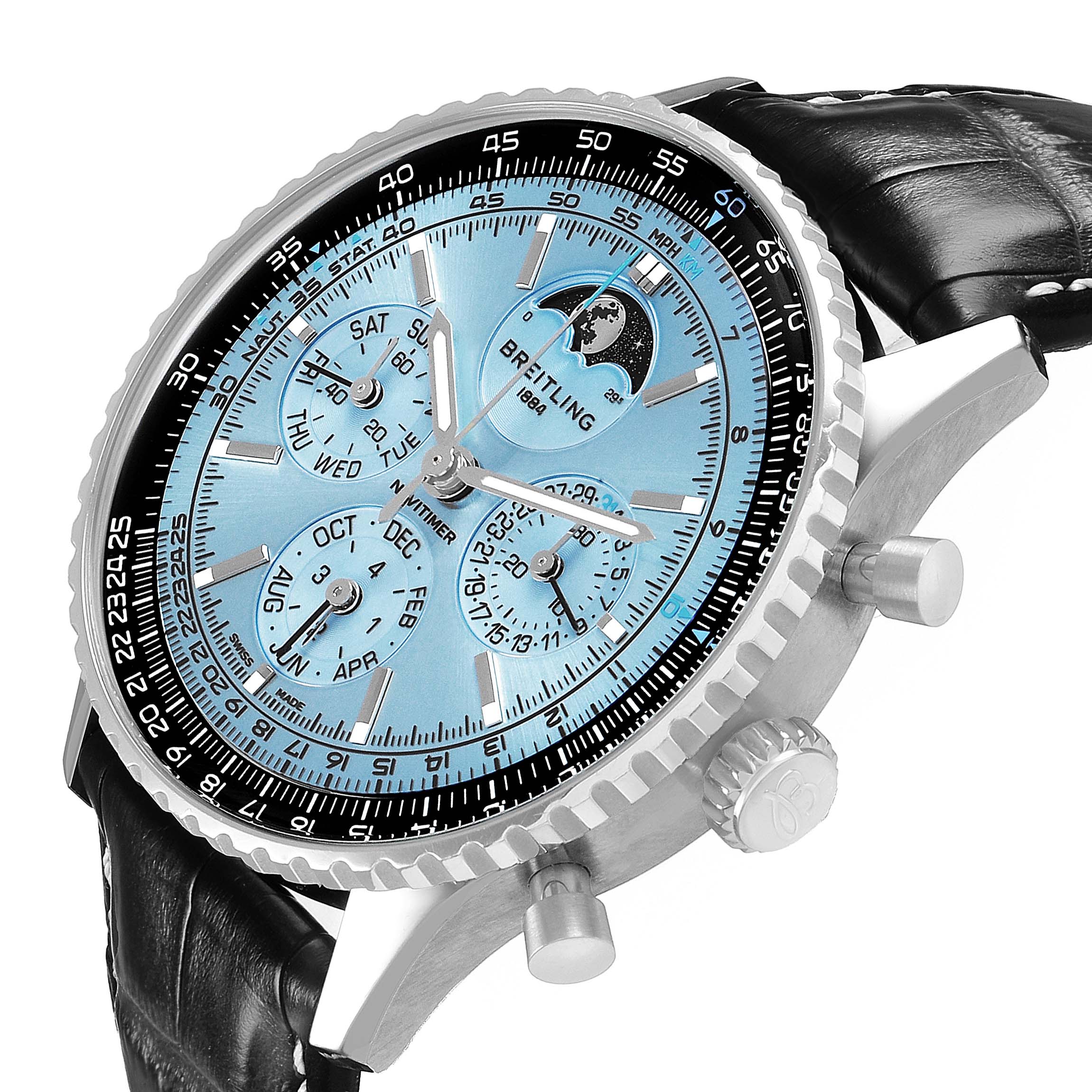 This is a side view of the Breitling Navitimer PB1920 Men's Stainless Steel Blue Dial showcasing the dial, bezel, pushers, and leather strap.
