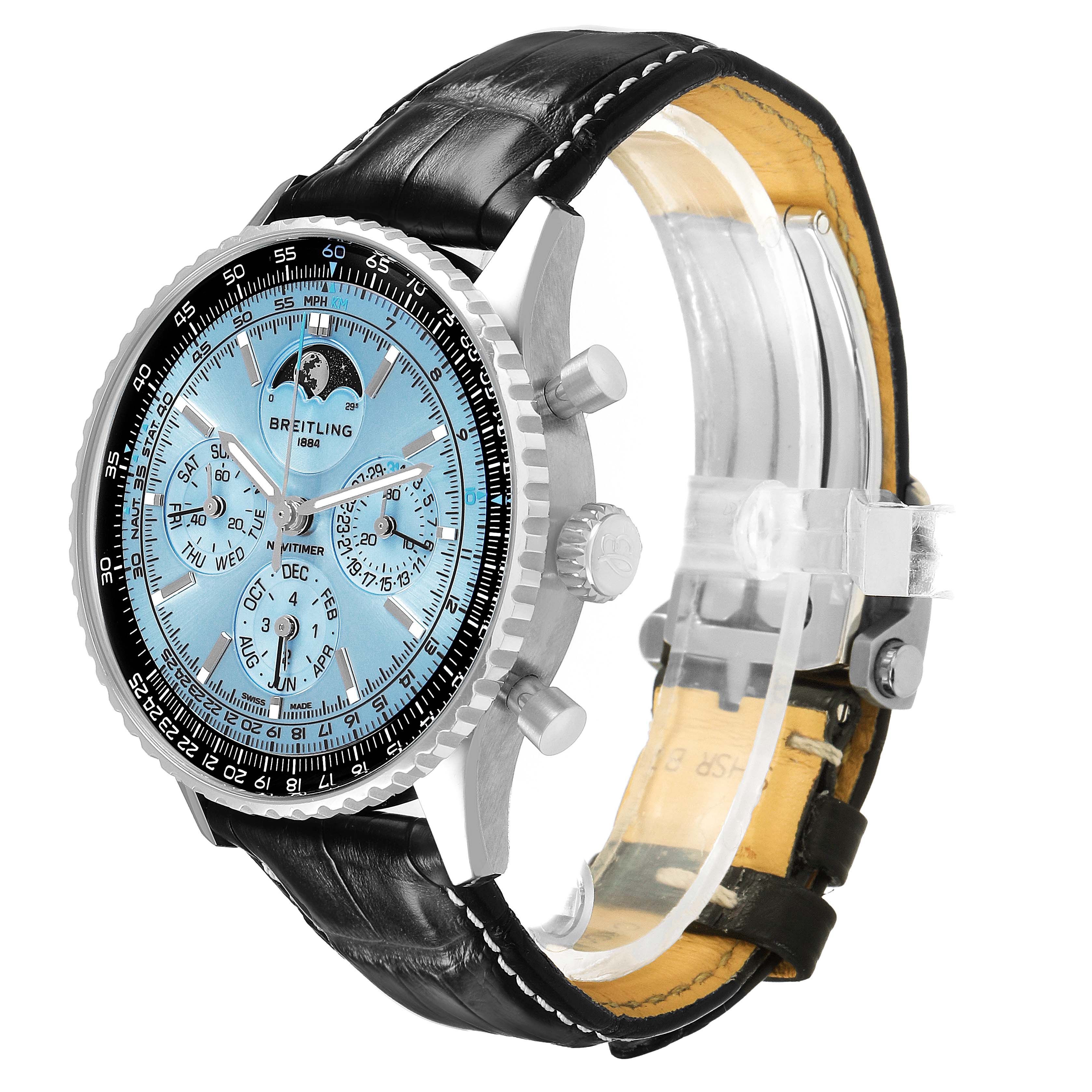 The Breitling Navitimer PB1920 Men's Stainless Steel Blue Dial watch is shown at a three-quarter angle, highlighting the bezel, crown, subdials, and leather strap.