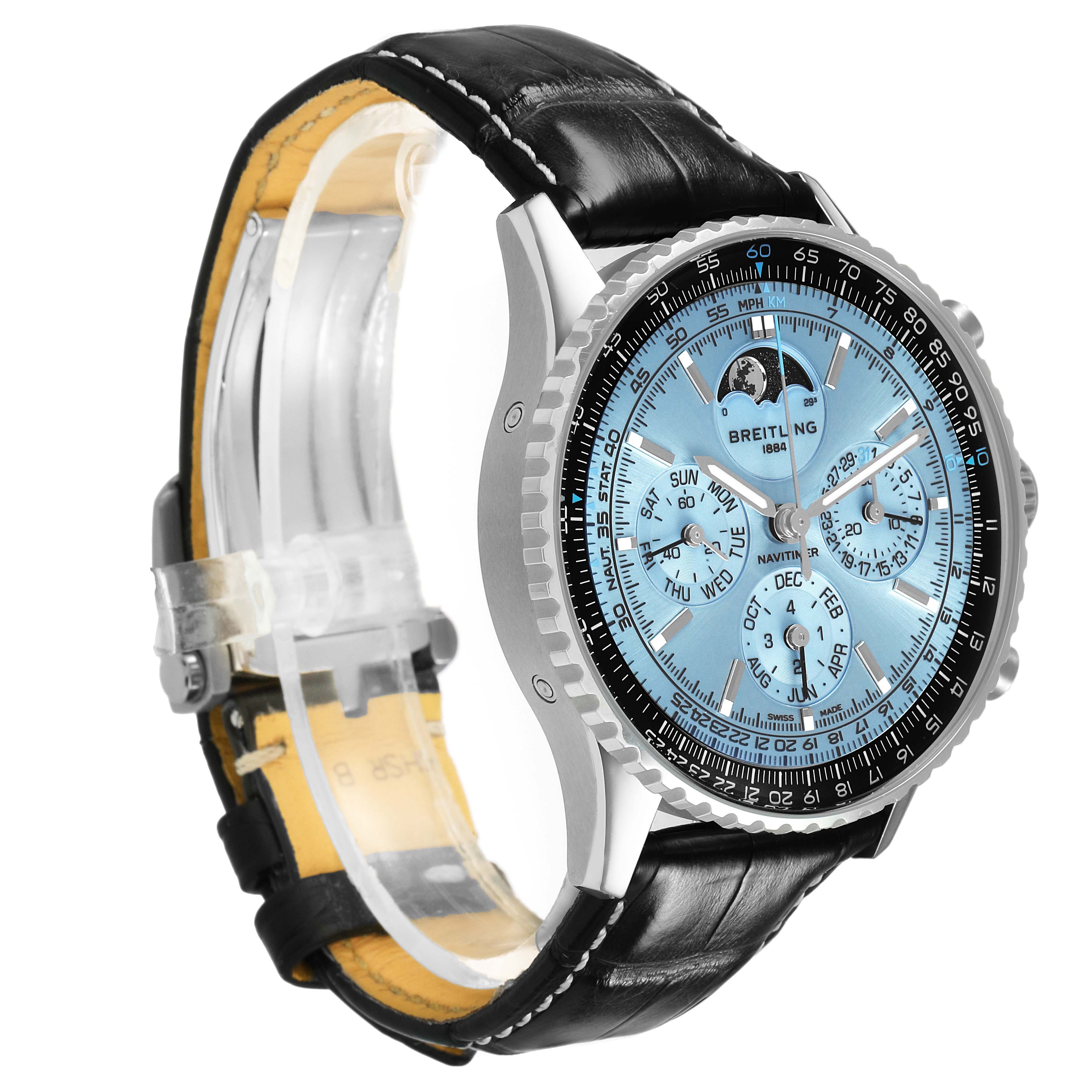The Breitling Navitimer PB1920 Men's Stainless Steel Blue Dial watch is shown at a three-quarter angle, displaying its dial, bezel, and leather strap.