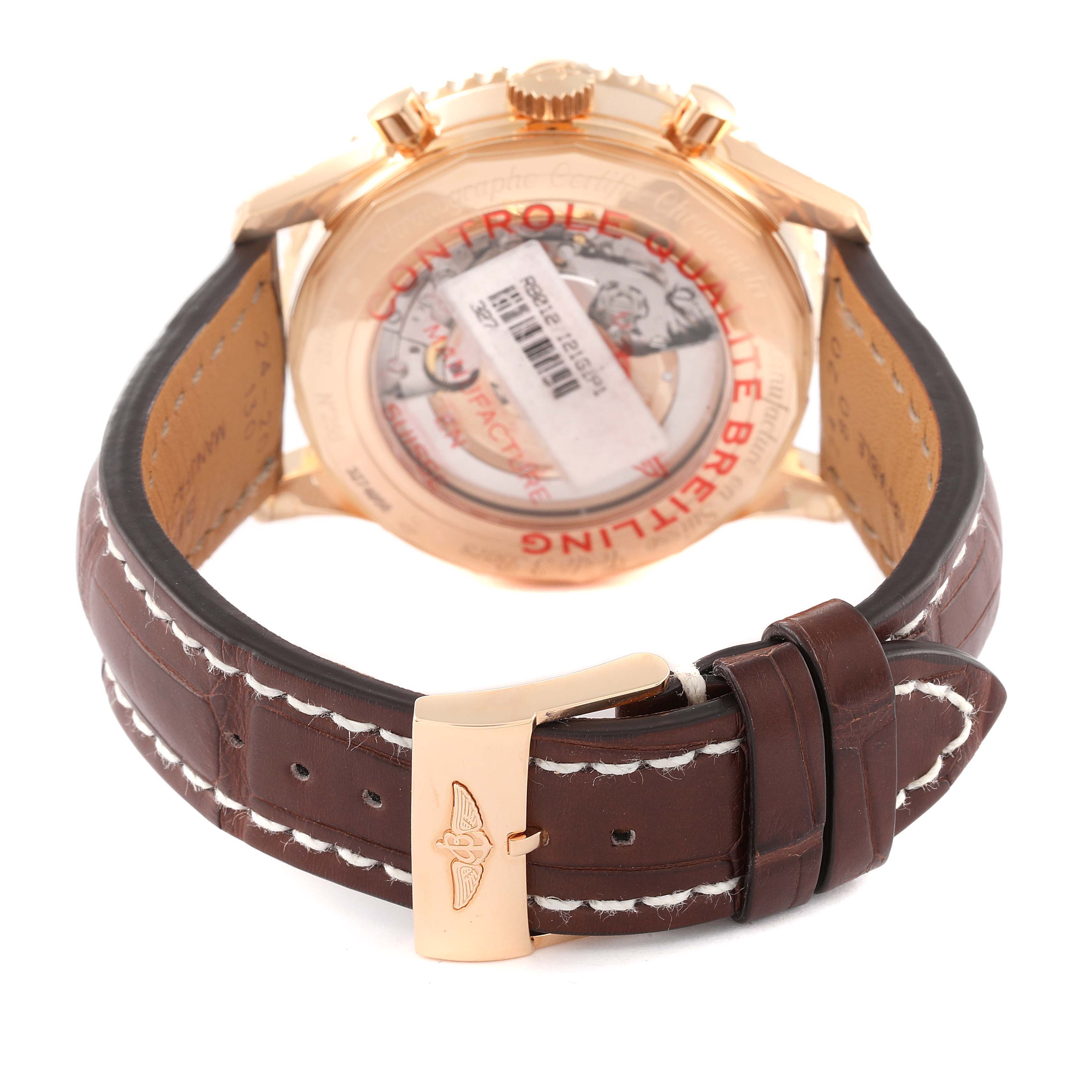 The image shows the back view of a Breitling Navitimer RB0127 Men's Rose Gold Silver Dial RB0127 Men's Rose Gold Silver Dial watch with its strap and buckle visible.