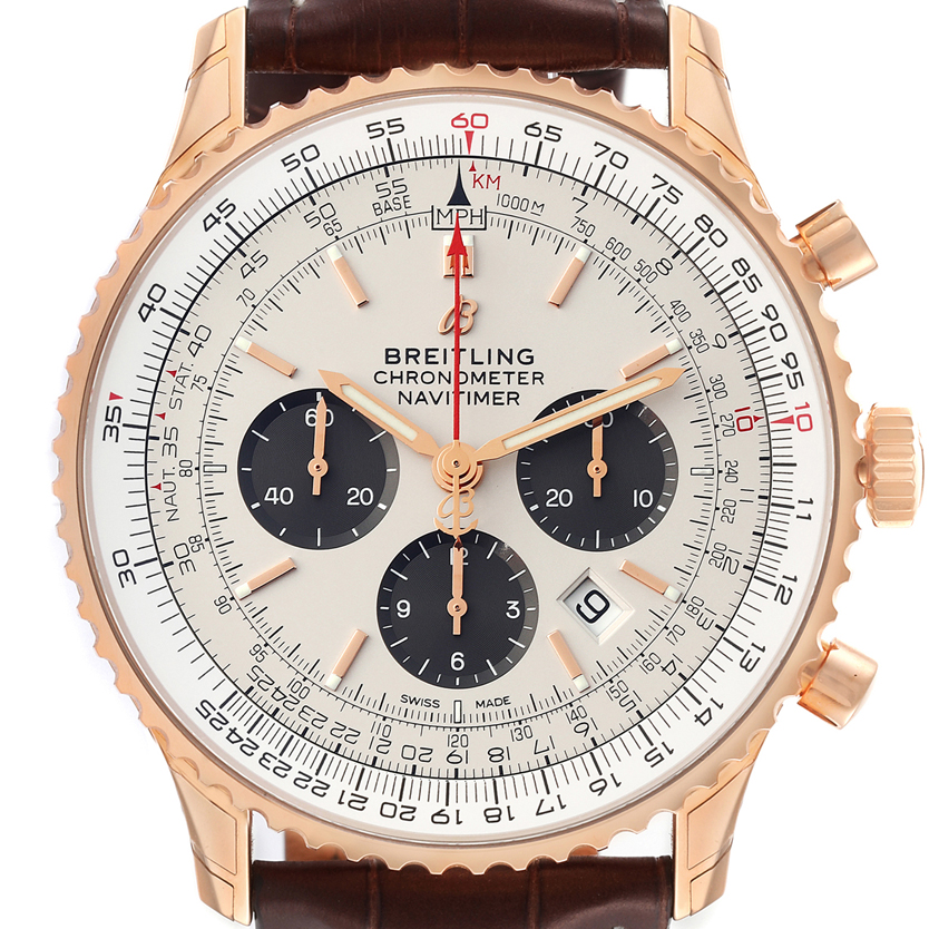 The Breitling Navitimer RB0127 Men's Rose Gold Silver Dial RB0127 Men's Rose Gold Silver Dial watch is shown from the front, displaying the dial, subdials, bezel, crown, and part of the leather strap.