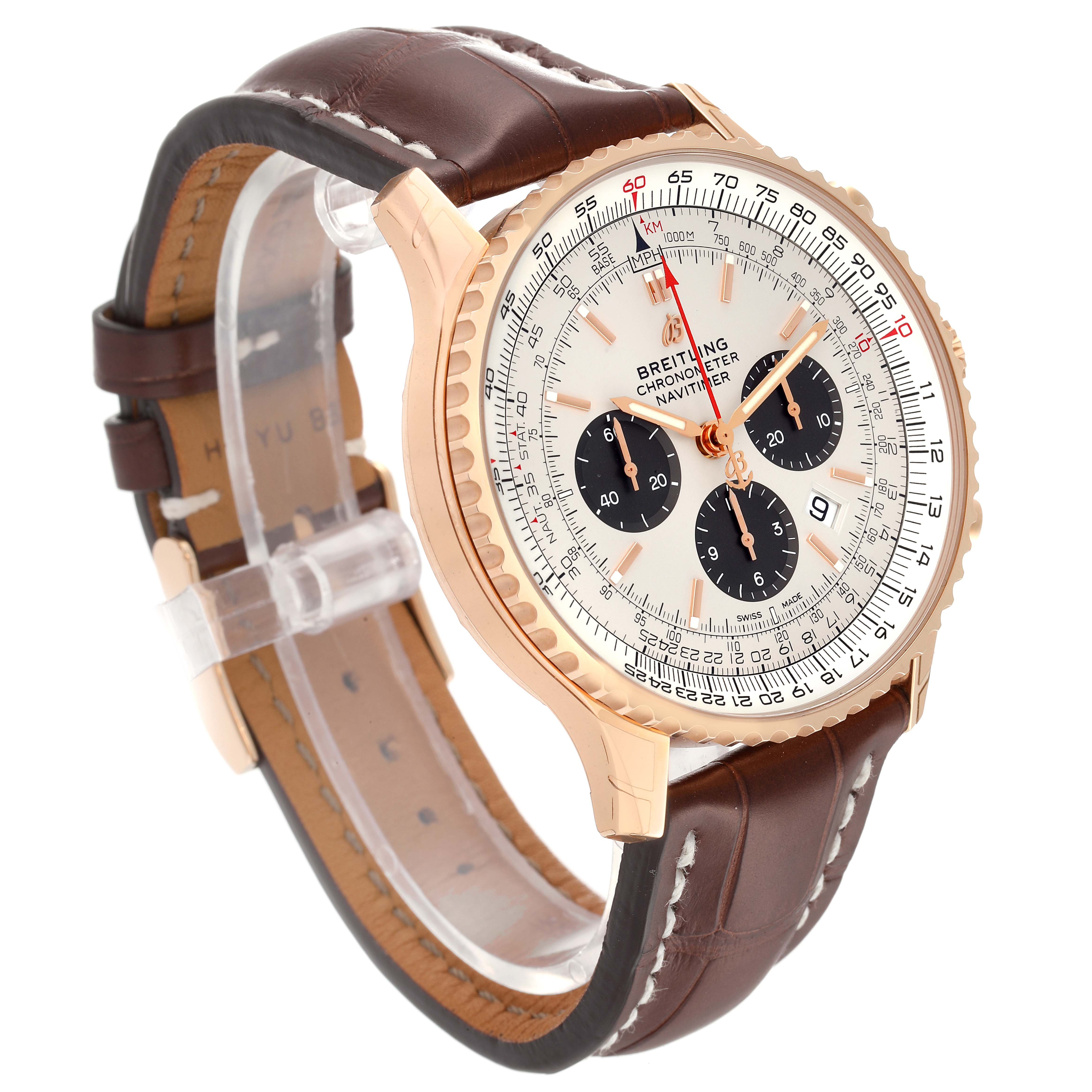 The angle shows the front and left side of the Breitling Navitimer RB0127 Men's Rose Gold Silver Dial RB0127 Men's Rose Gold Silver Dial watch, displaying the dial, bezel, and leather strap.