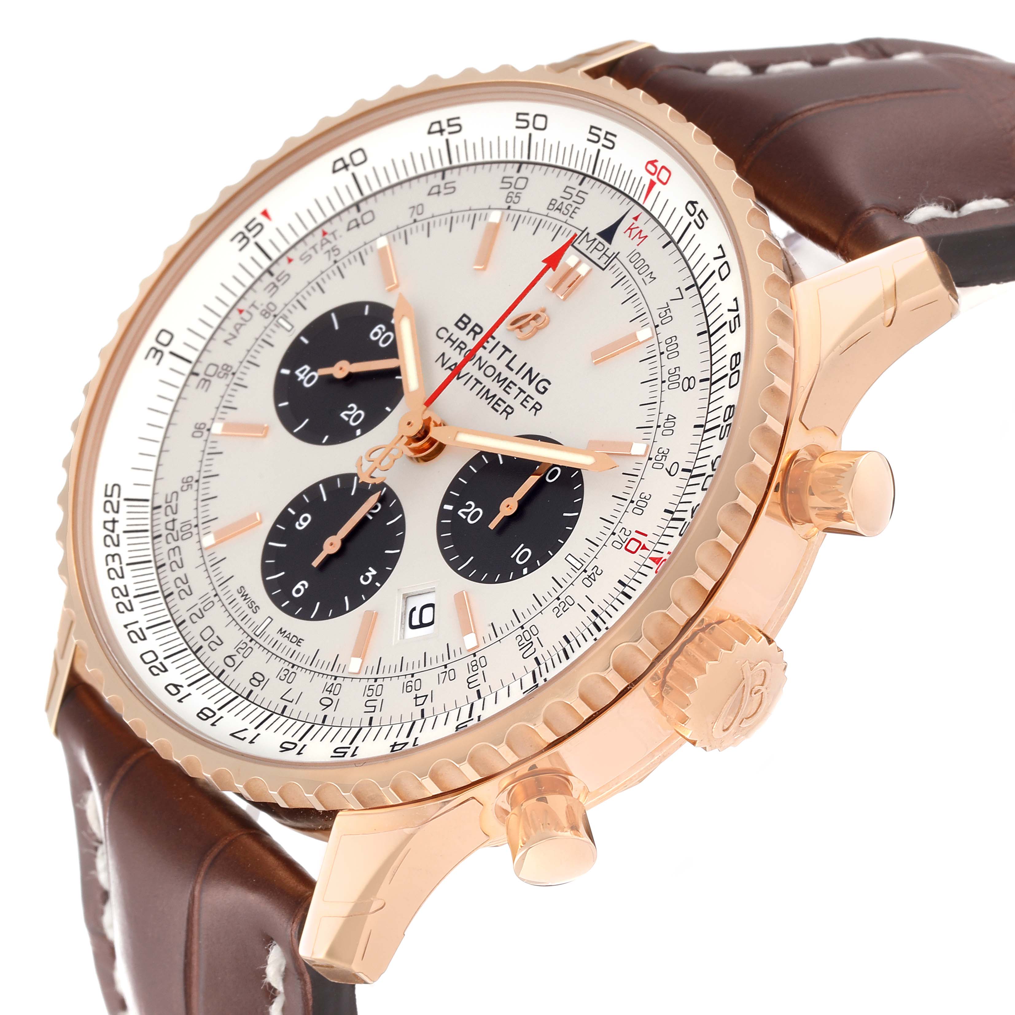 This image shows a close-up angled view of the Breitling Navitimer RB0127 Men's Rose Gold Silver Dial RB0127 Men's Rose Gold Silver Dial watch, highlighting the dial, bezel, crown, and leather strap.