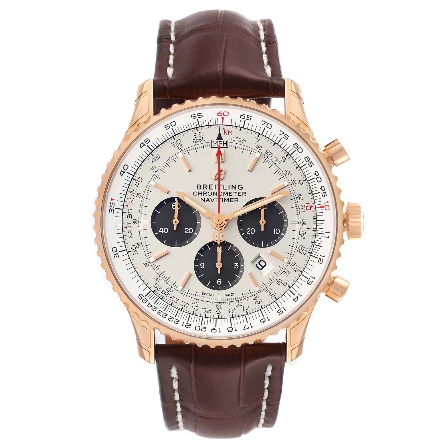 The image shows a Breitling Navitimer RB0127 Men's Rose Gold Silver Dial RB0127 Men's Rose Gold Silver Dial watch viewed from the front, showcasing its dial, bezel, and leather strap.