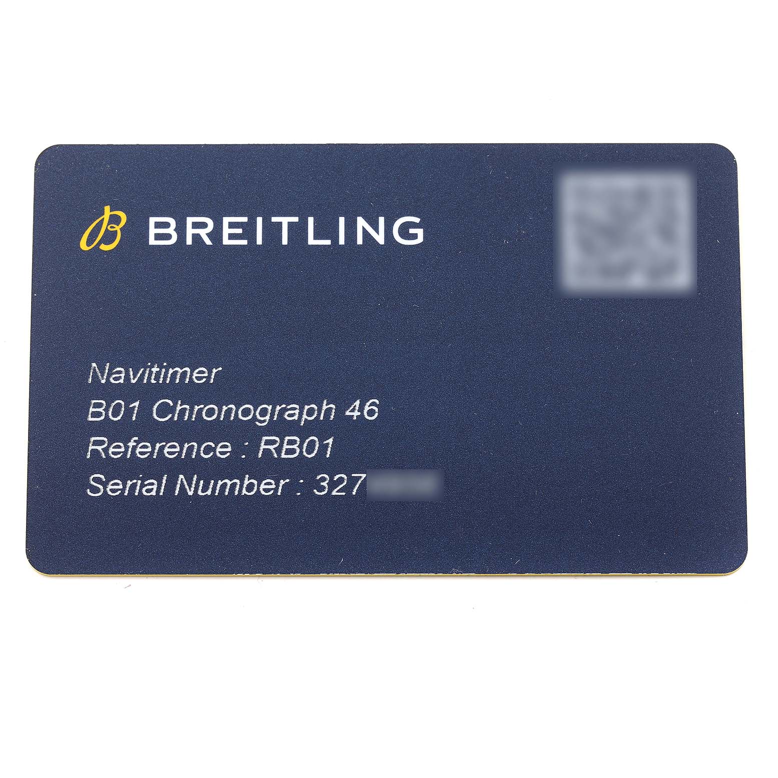 The image shows a warranty card for a Breitling Navitimer RB0127 Men's Rose Gold Silver Dial RB0127 Men's Rose Gold Silver Dial B01 Chronograph 46 watch, displaying the model, reference, and serial number.