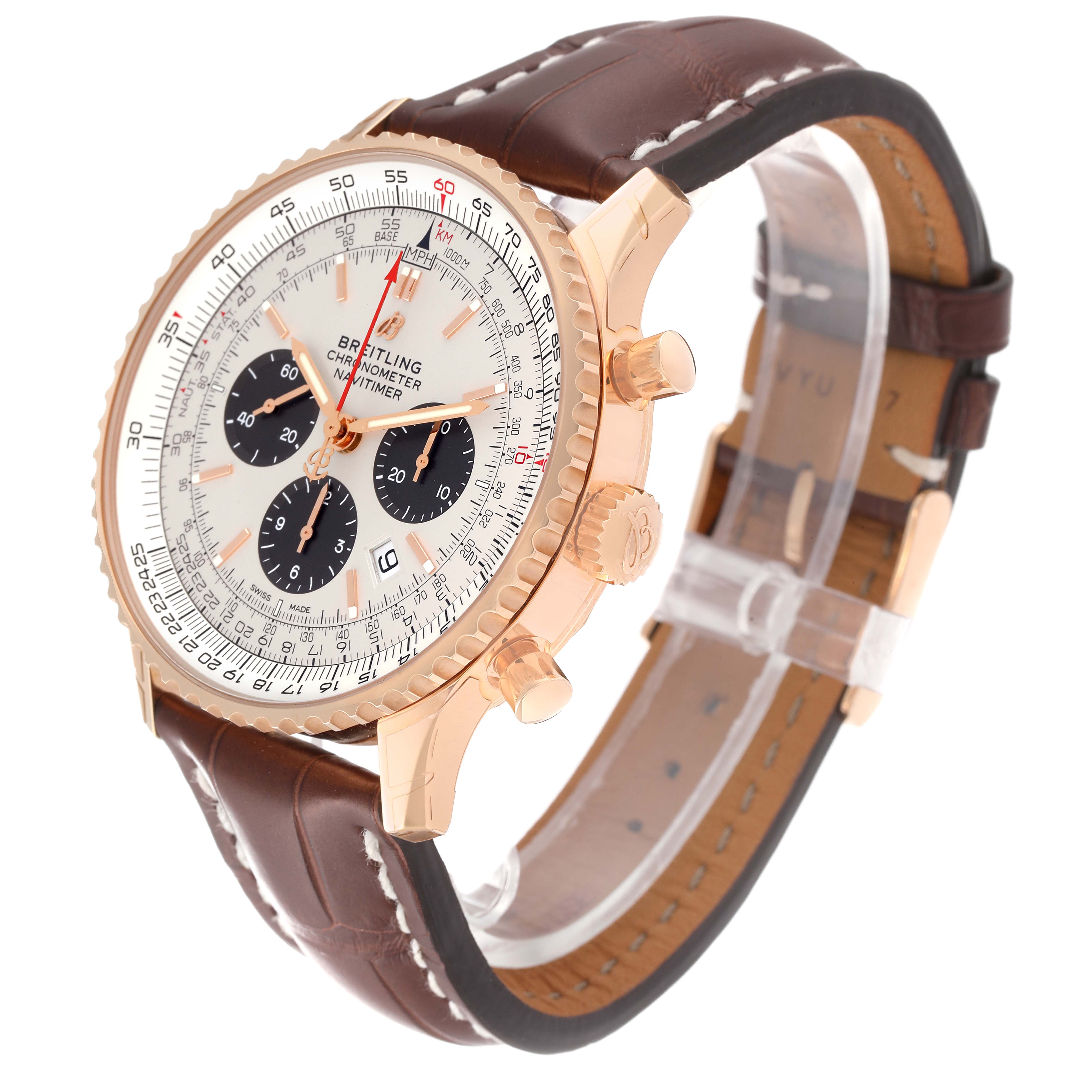 The Breitling Navitimer RB0127 Men's Rose Gold Silver Dial RB0127 Men's Rose Gold Silver Dial watch is shown at a slight angle highlighting the gold case, chronograph dials, and brown leather strap.