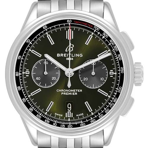 The Breitling Premier AB0118 Men's Stainless Steel Green Dial watch is shown from the front, displaying the dial, subdials, and part of the bracelet.