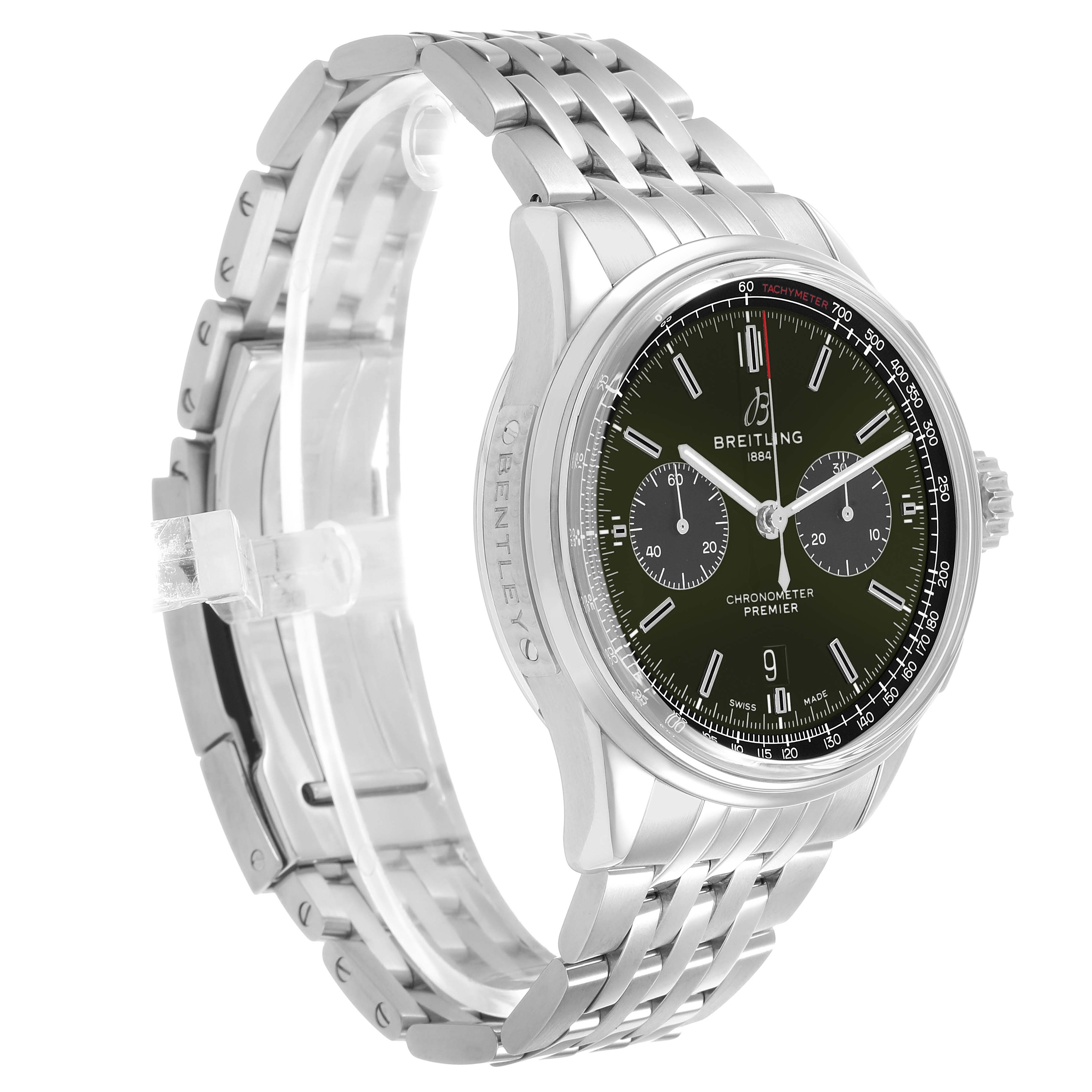 The Breitling Premier AB0118 Men's Stainless Steel Green Dial watch is shown at a side angle, highlighting the case, bezel, dial, and metal bracelet.