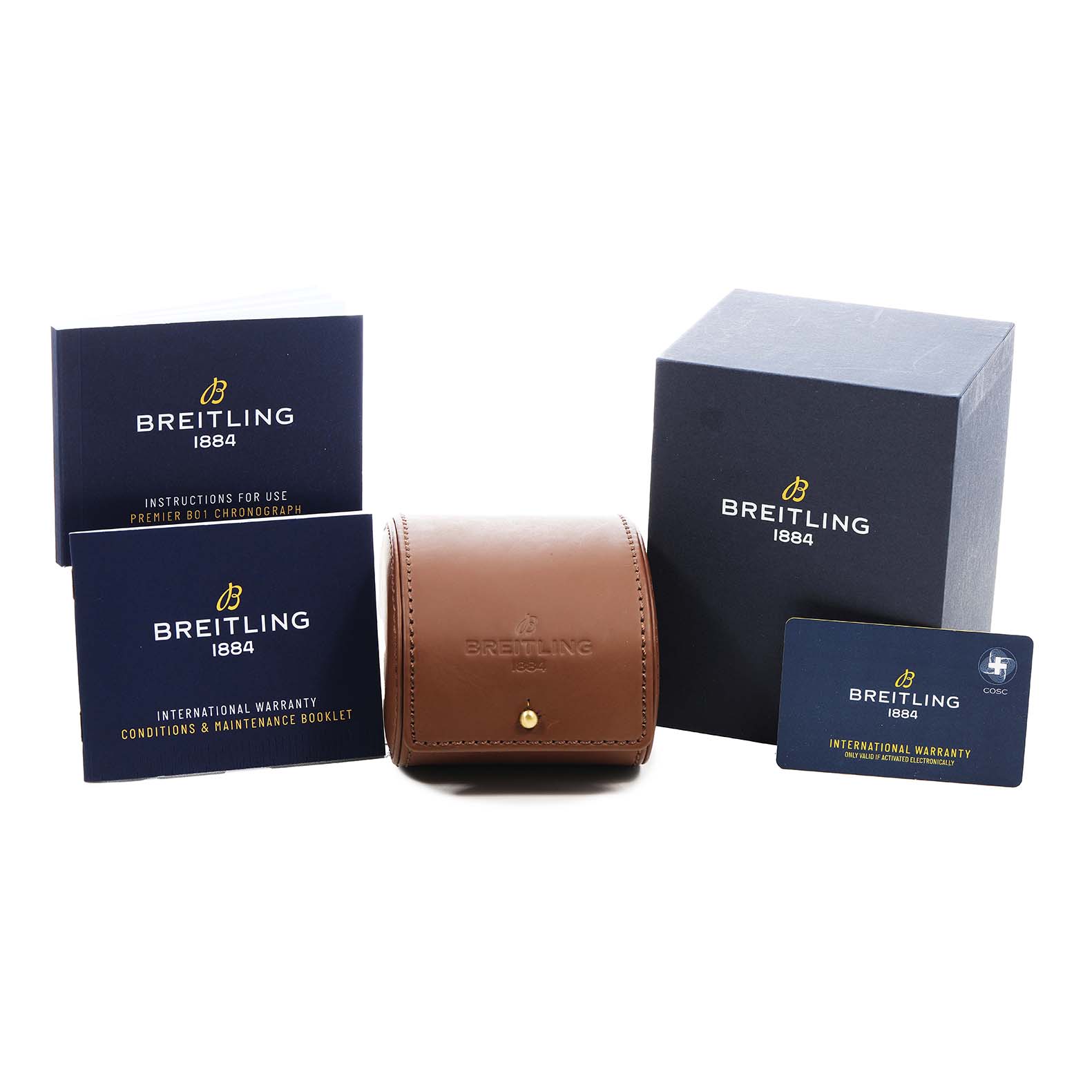 The image shows a Breitling Premier AB0118 Men's Stainless Steel Green Dial watch package with a box, leather case, manuals, and warranty card.