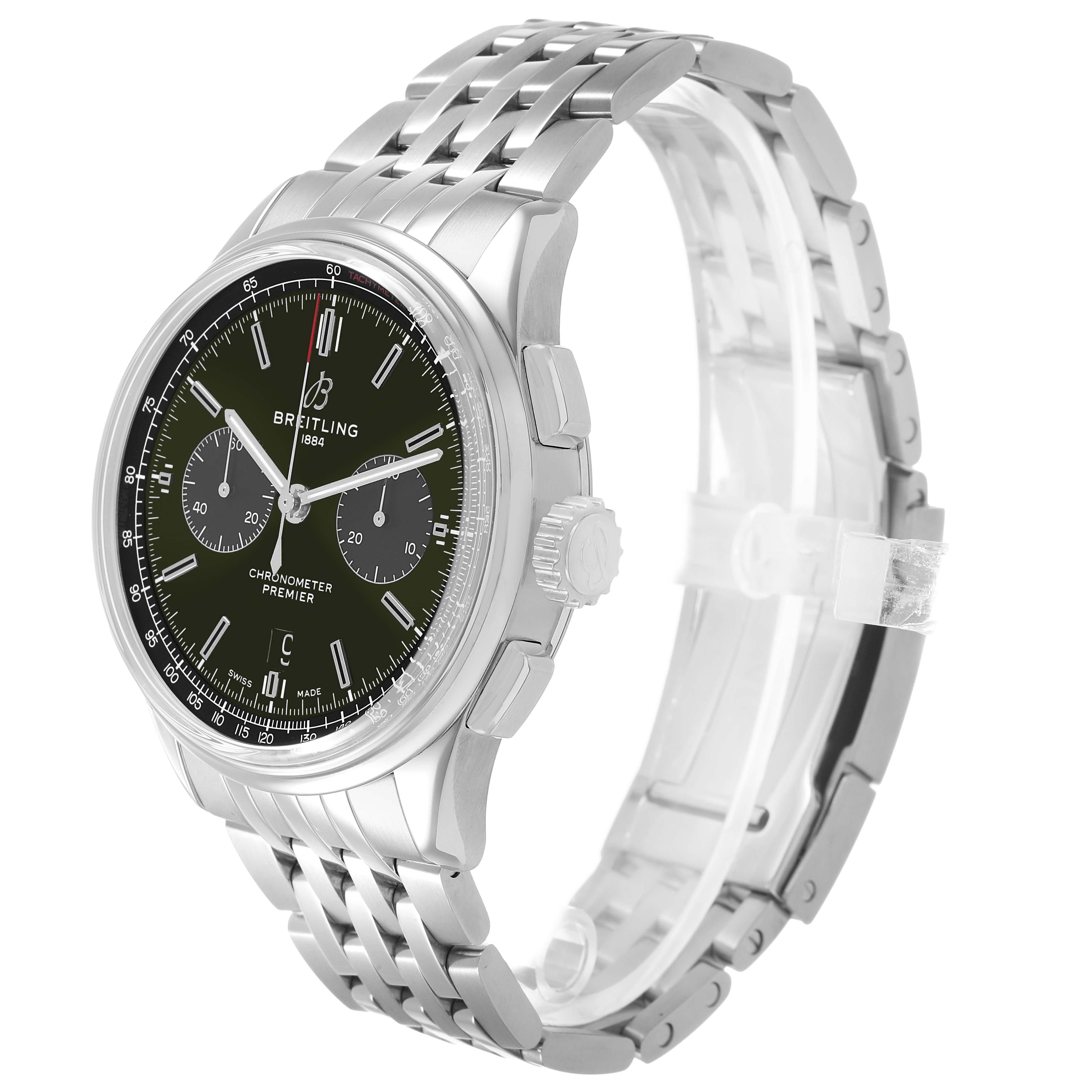 The Breitling Premier AB0118 Men's Stainless Steel Green Dial watch is shown at a three-quarter angle, highlighting the face, crown, pushers, and the metal bracelet.