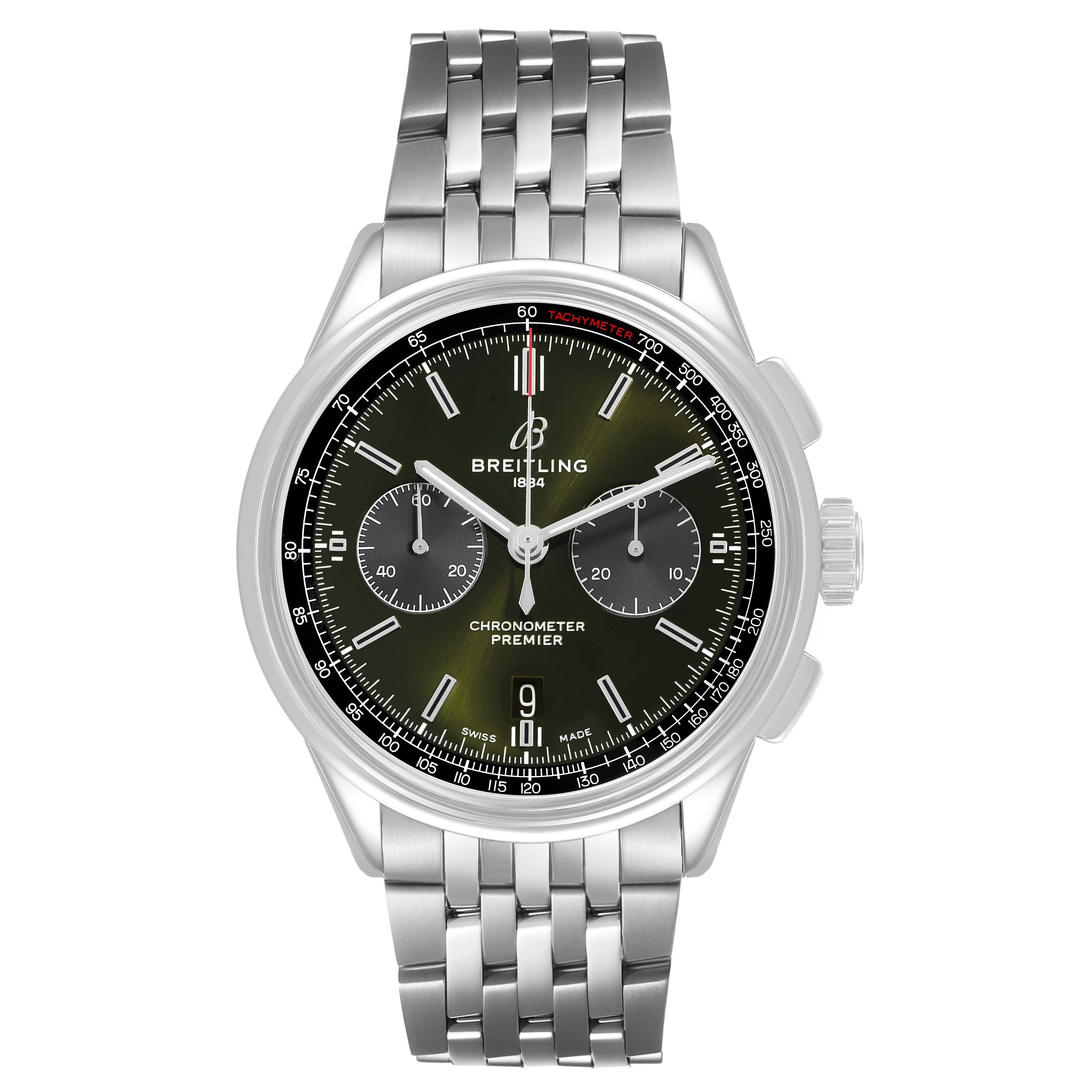 The Breitling Premier AB0118 Men's Stainless Steel Green Dial watch is shown from a front angle, displaying the face, bezel, crown, and stainless steel bracelet.